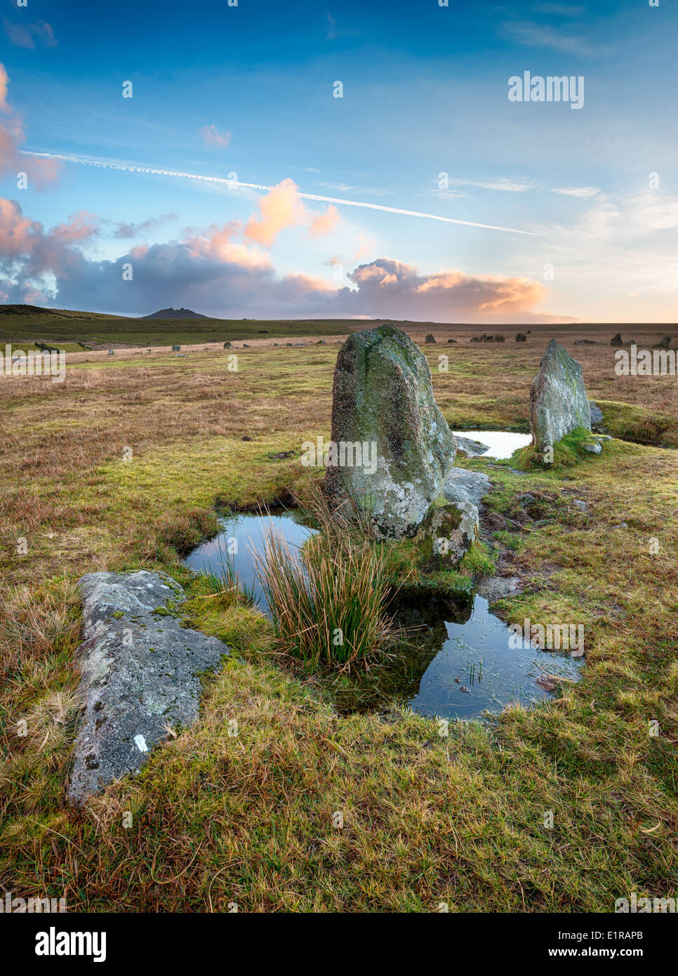 Le cercle de pierre Stannon au coeur de Bodmin Moor en Cornouailles avec Roughtor au loin. Banque D'Images