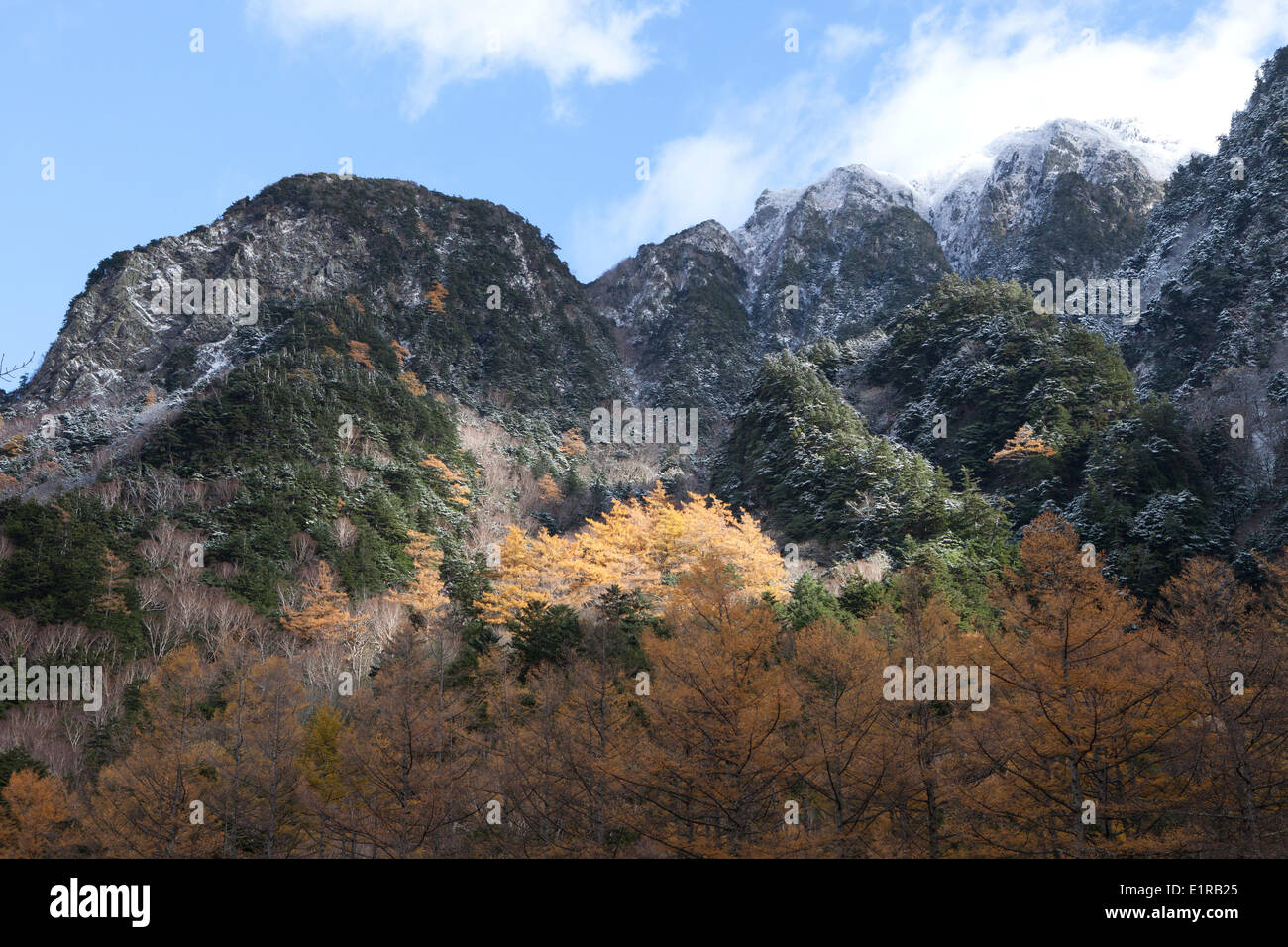 Kamikochi nature resort dans la région Alpes japonaises le long de la Rivière Azusa couleurs de l'automne japonais qui montagnes enneigées déjà à leur Banque D'Images