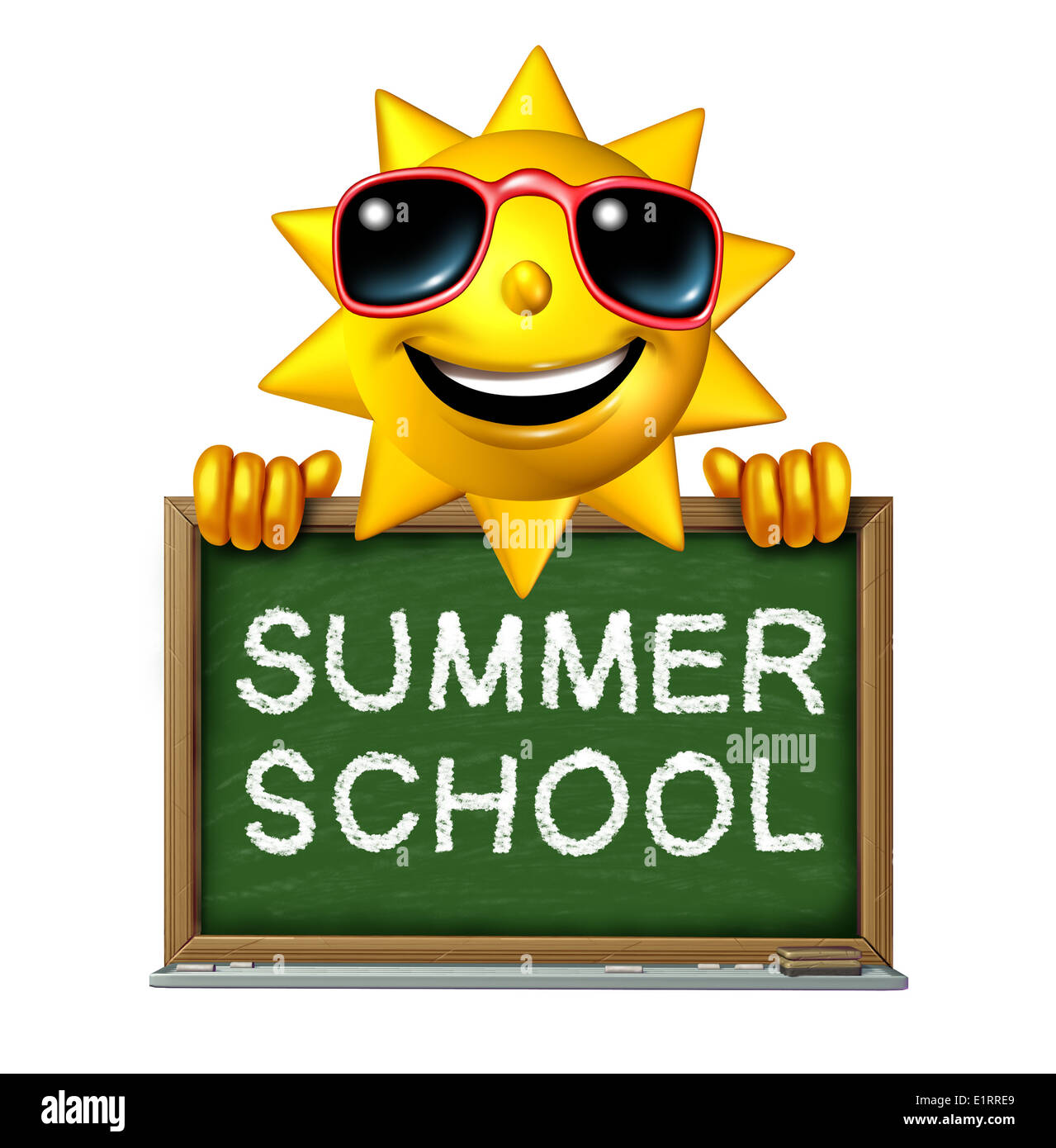 L'éducation de l'école d'été comme un concept fun heureux caractère sun tridimensionnelle tenant un tableau sur un dessin des mots Banque D'Images