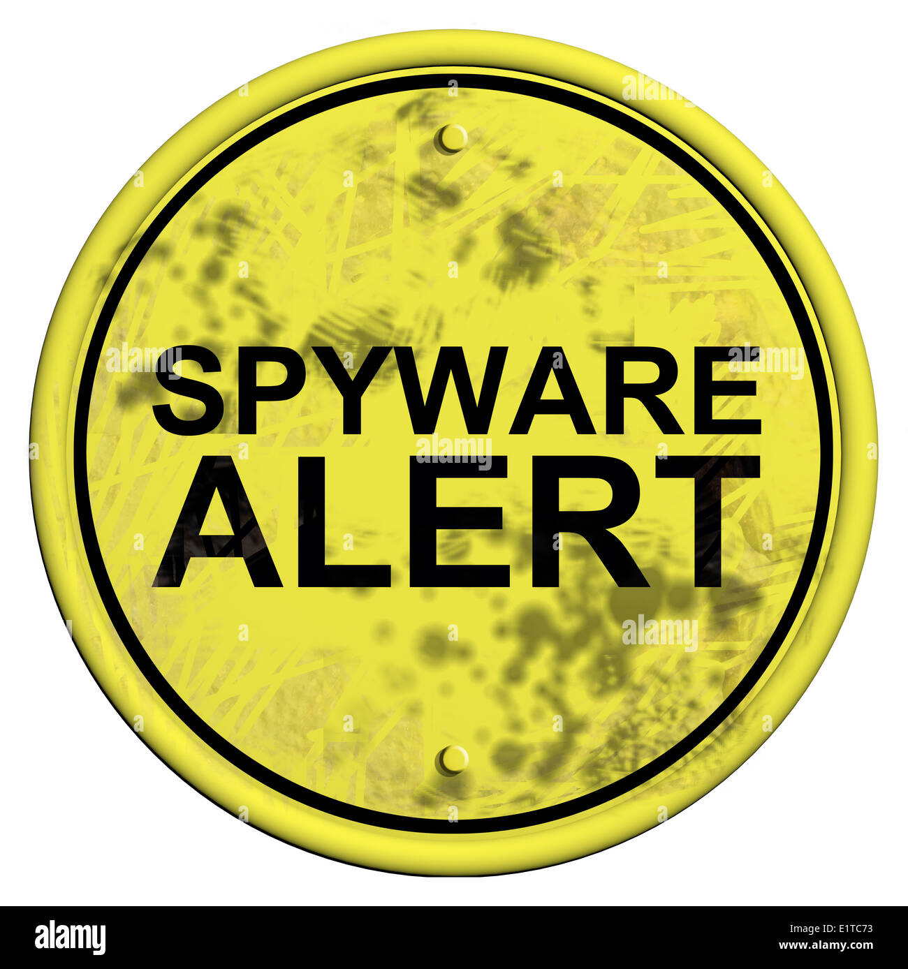 Un signe jaune et noir avec le mot alerte spy-ware isolé sur fond blanc Banque D'Images