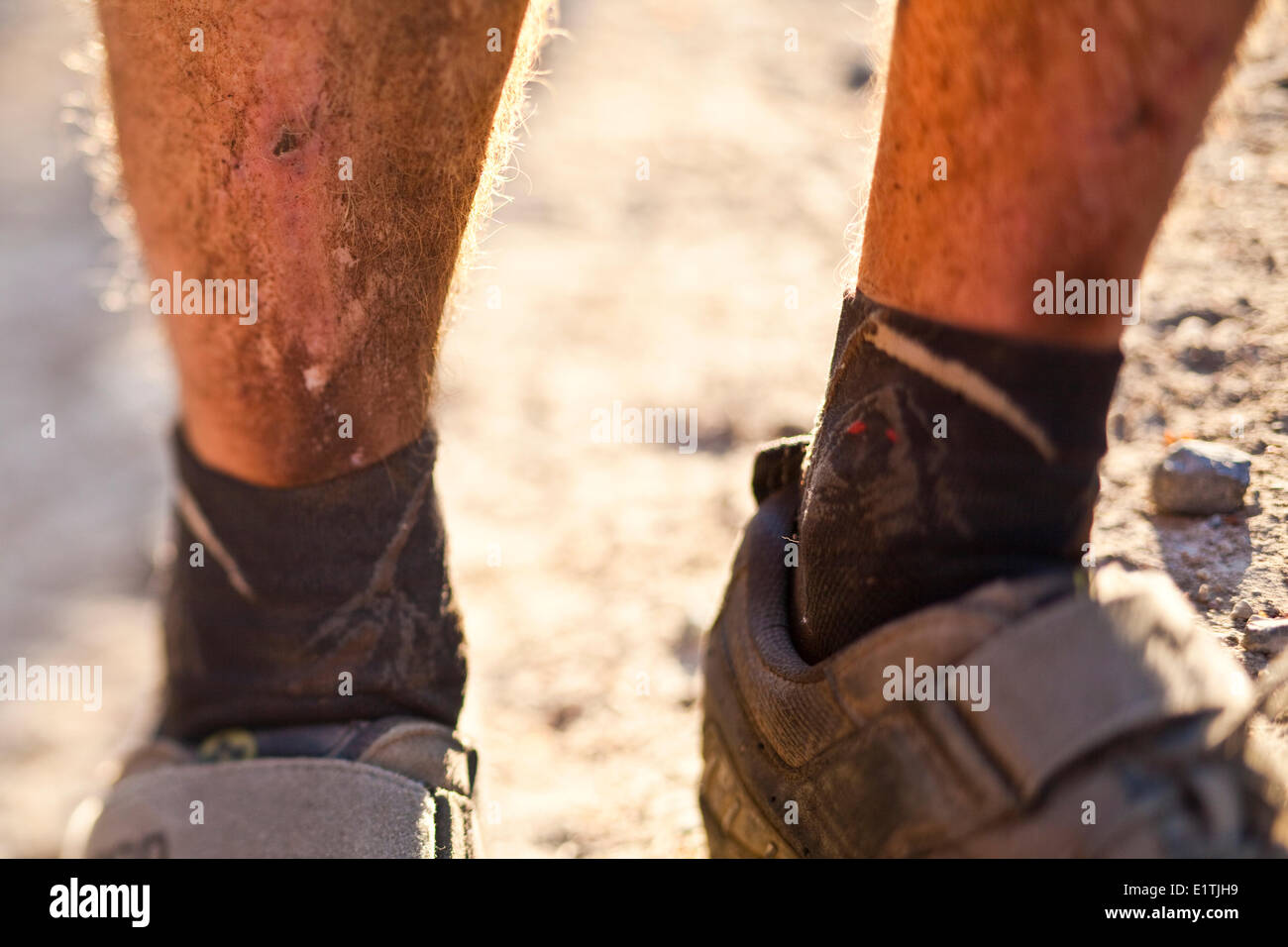 Sale, marqué sur les jambes d'un homme du vélo de montagne, Squamish, BC Banque D'Images