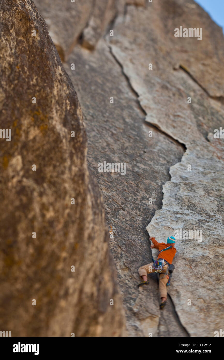 Un grimpeur masculins places protection et monte le seigle Crisp 5.8, Ville de Rocks, New York Banque D'Images