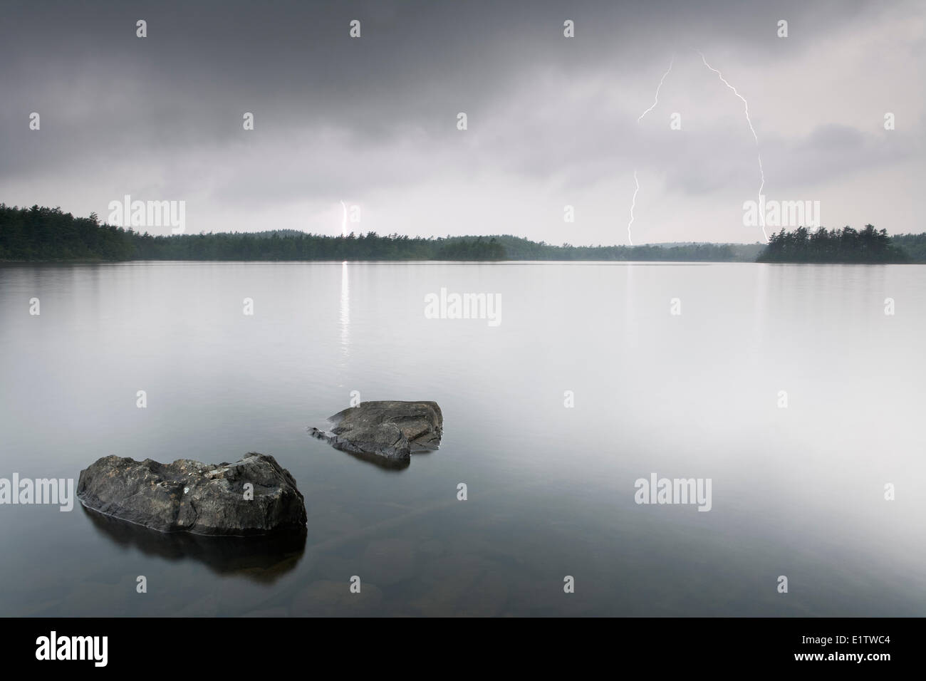Boulon de foudre nuage-sol à Powder Mill Lake, Waverely, Nouvelle-Écosse (à l'extérieur de Halifax). Banque D'Images