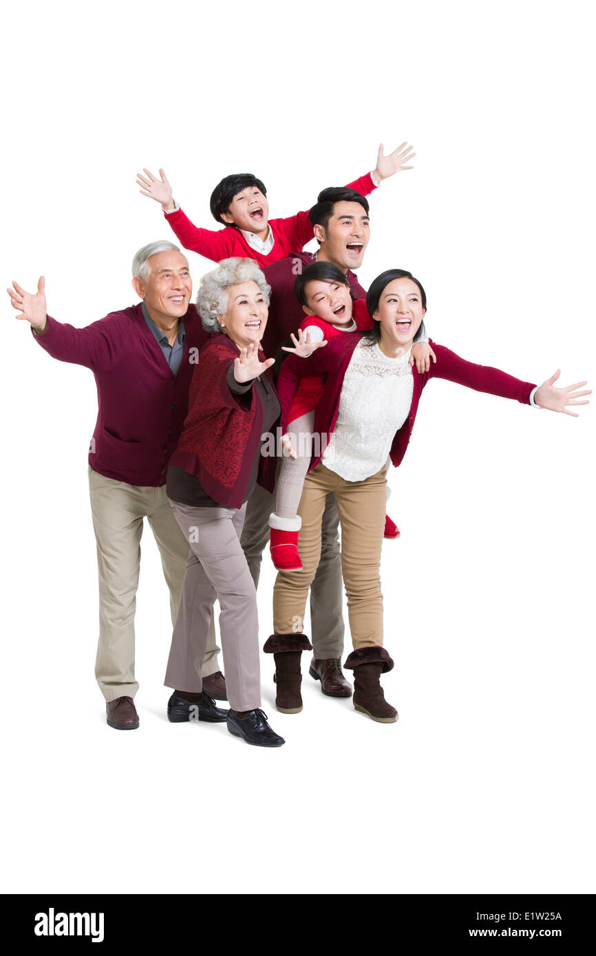 Portrait de grande famille waving Banque D'Images