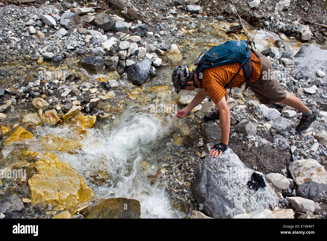 Un homme de remplir sa bouteille d'eau d'un ruisseau de montagne tout en vtt à Golden, BC Banque D'Images