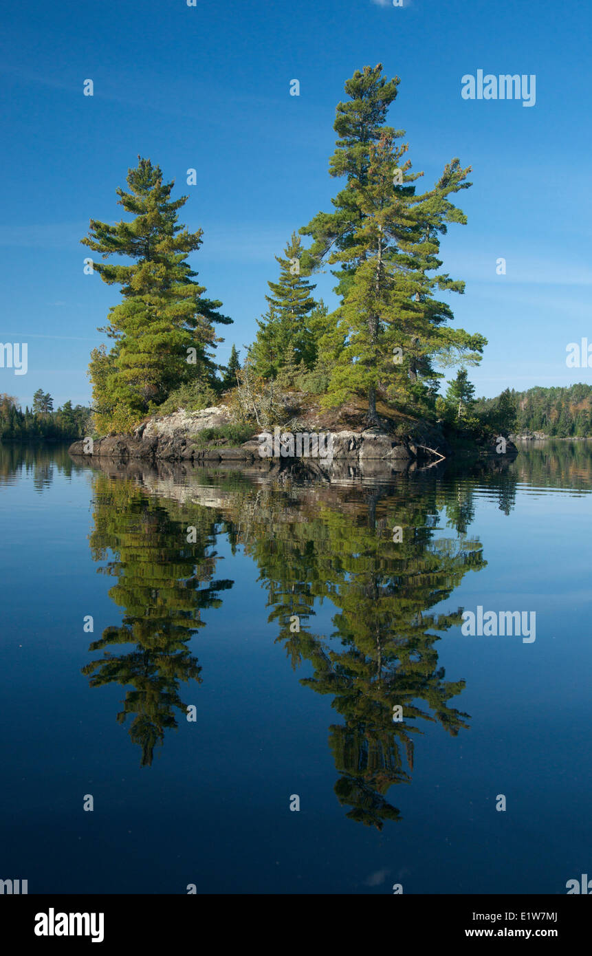 Lac, forêt boréale et de l'île de roche du Bouclier canadien dans le parc provincial Quetico, Ontario, Canada Banque D'Images