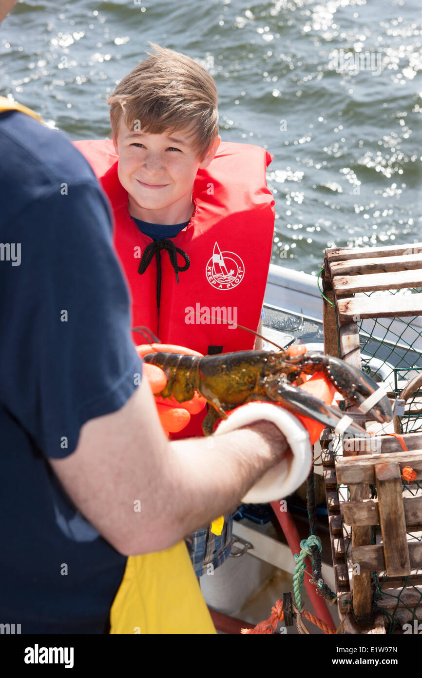 Jeune garçon parler à pêcheur de homard, Northport, Prince Edward Island, Canada Banque D'Images