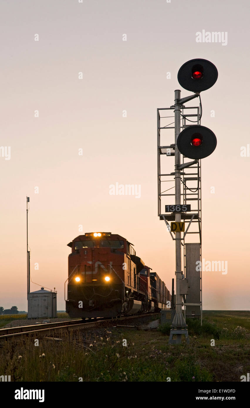 Close-up of signal ferroviaire avec l'approche du train en arrière-plan, près de Winnipeg, Manitoba, Canada Banque D'Images