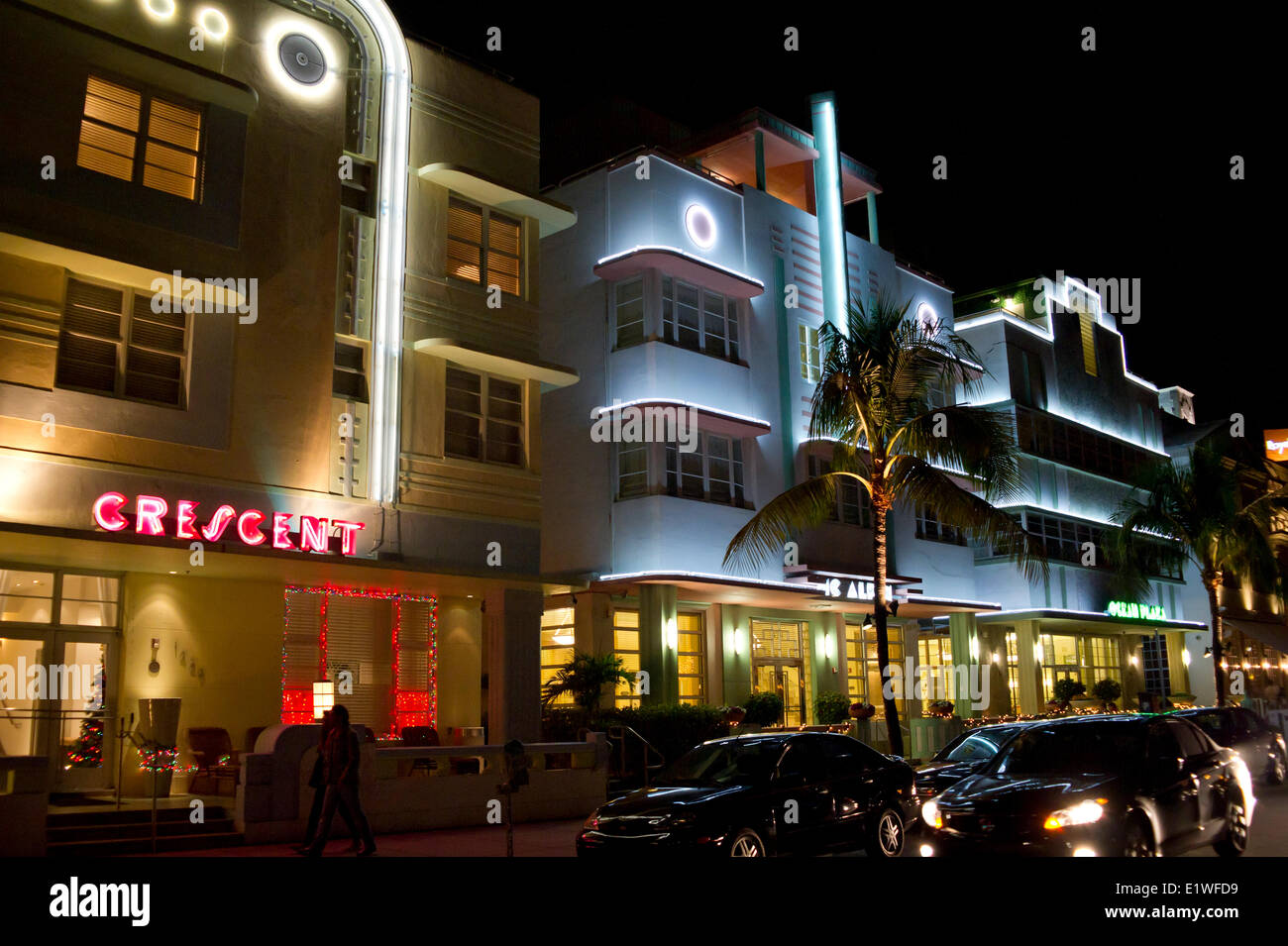 Ocean Drive, quartier historique de nuit, Miami Beach, Floride Banque D'Images