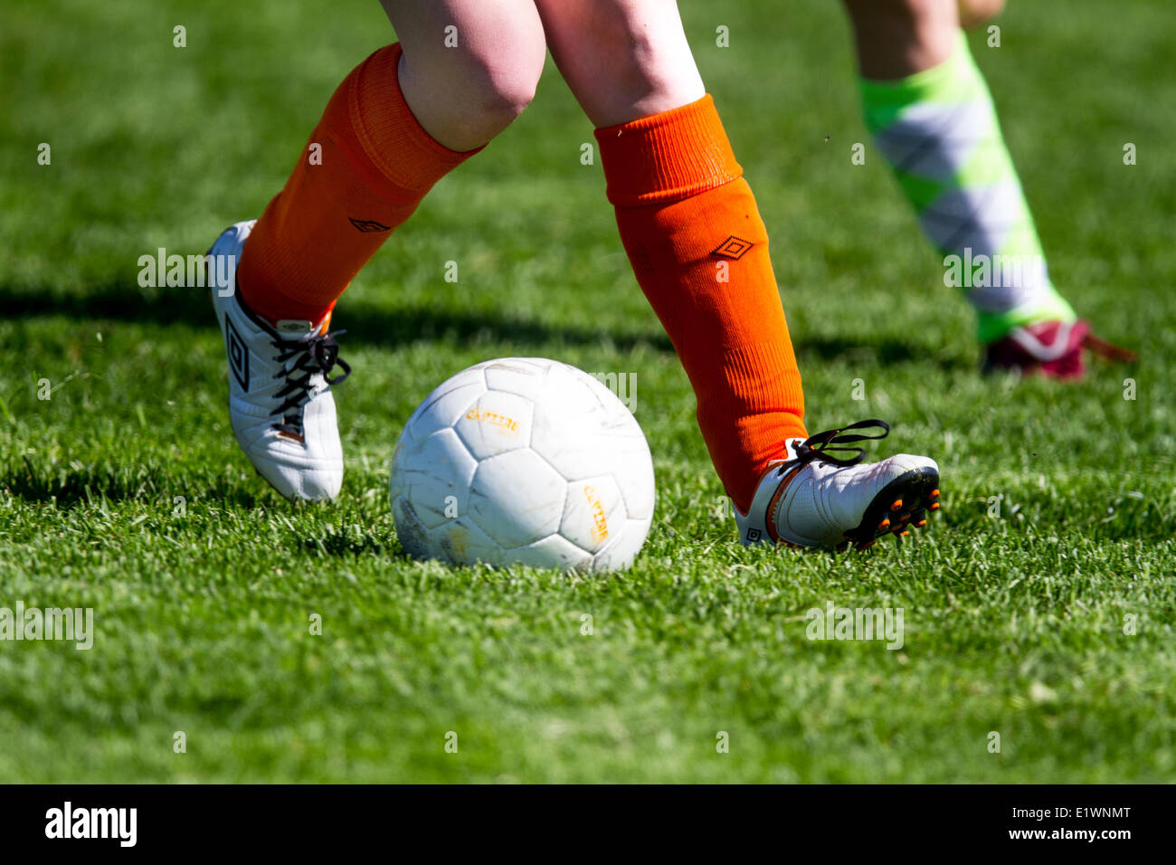Les jeunes filles d'action de soccer. Calgary, Alberta, Canada Banque D'Images