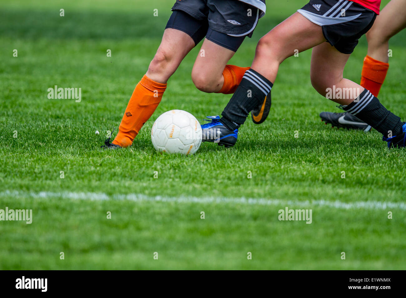 Les jeunes filles d'action de soccer. Calgary, Alberta, Canada Banque D'Images