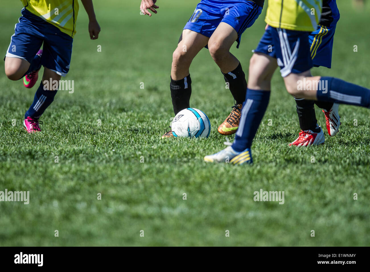 Les combats, d'action de soccer pour possession. Calgary, Alberta, Canada Banque D'Images