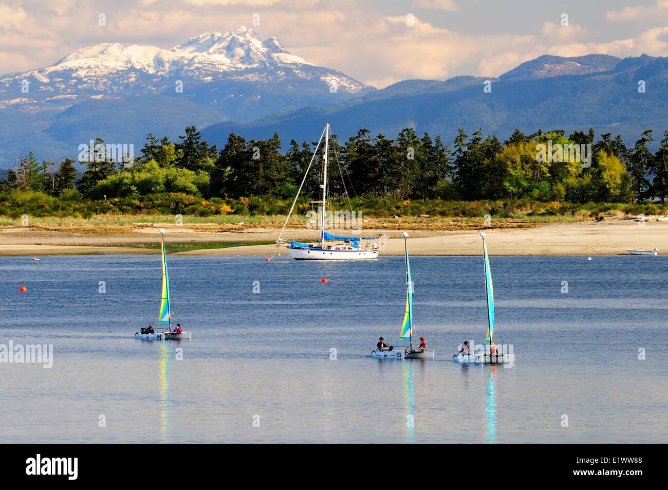 Trois petits voiliers catamaran voile autour de Goose Spit, près de Comox (C.-B.). Mt. Arrowsmith sur l'île de Vancouver est dans le backgrou Banque D'Images