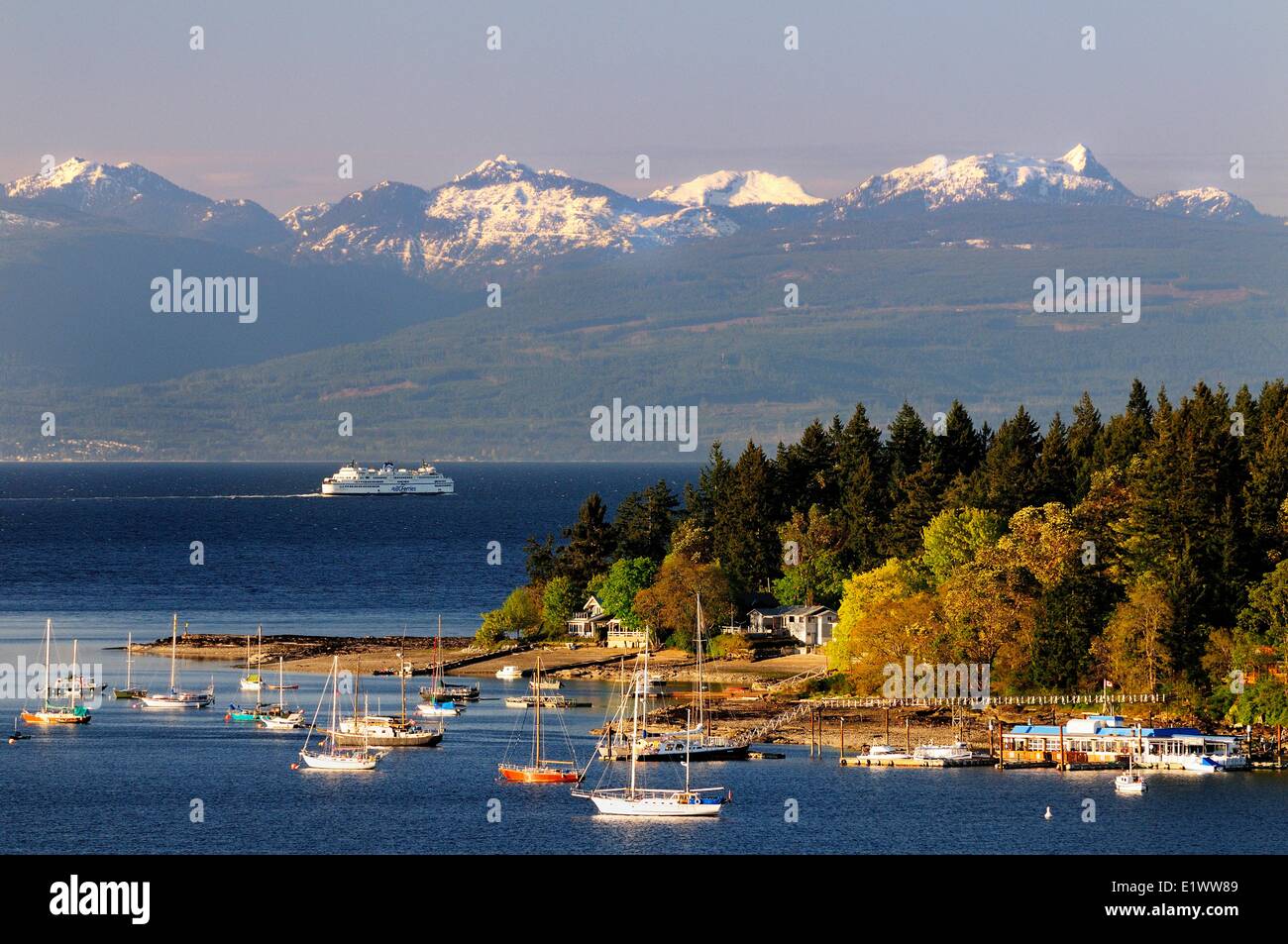 Bateaux ancrés dans la baie de l'île Protection près de Nanaimo (Colombie-Britannique). La BC Ferry Reine voiles Cowichan à Vancouver avec le Banque D'Images