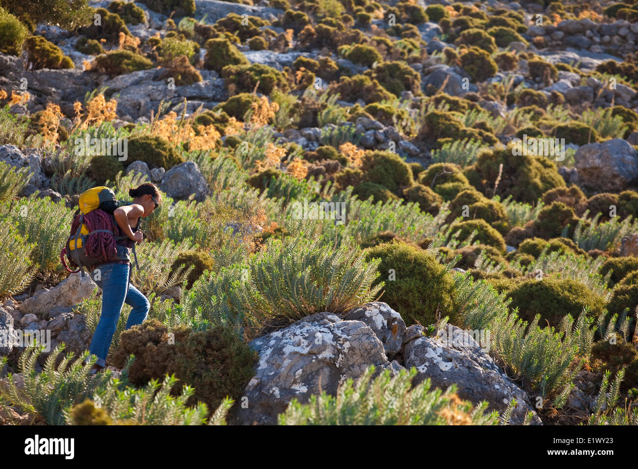 Une femme climber randonnées jusqu'à la falaise la lumière tôt le matin. Kalymnos, Grèce Banque D'Images