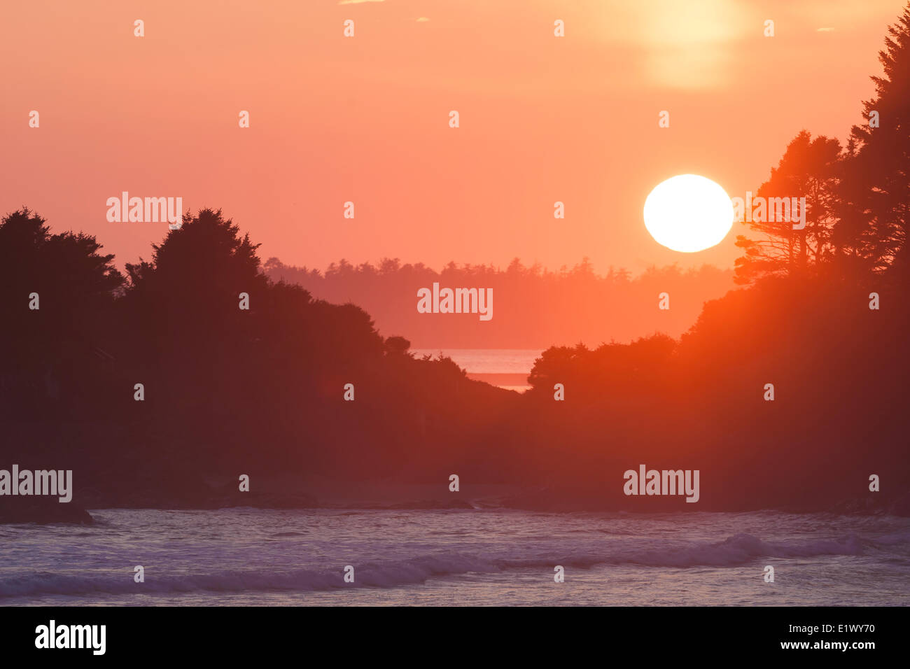 Un coucher de soleil rose au coucher du soleil marque un autre point dernière journée à Cox Bay. La Réserve de parc national Pacific Rin britannique de l'île de Vancouver Banque D'Images