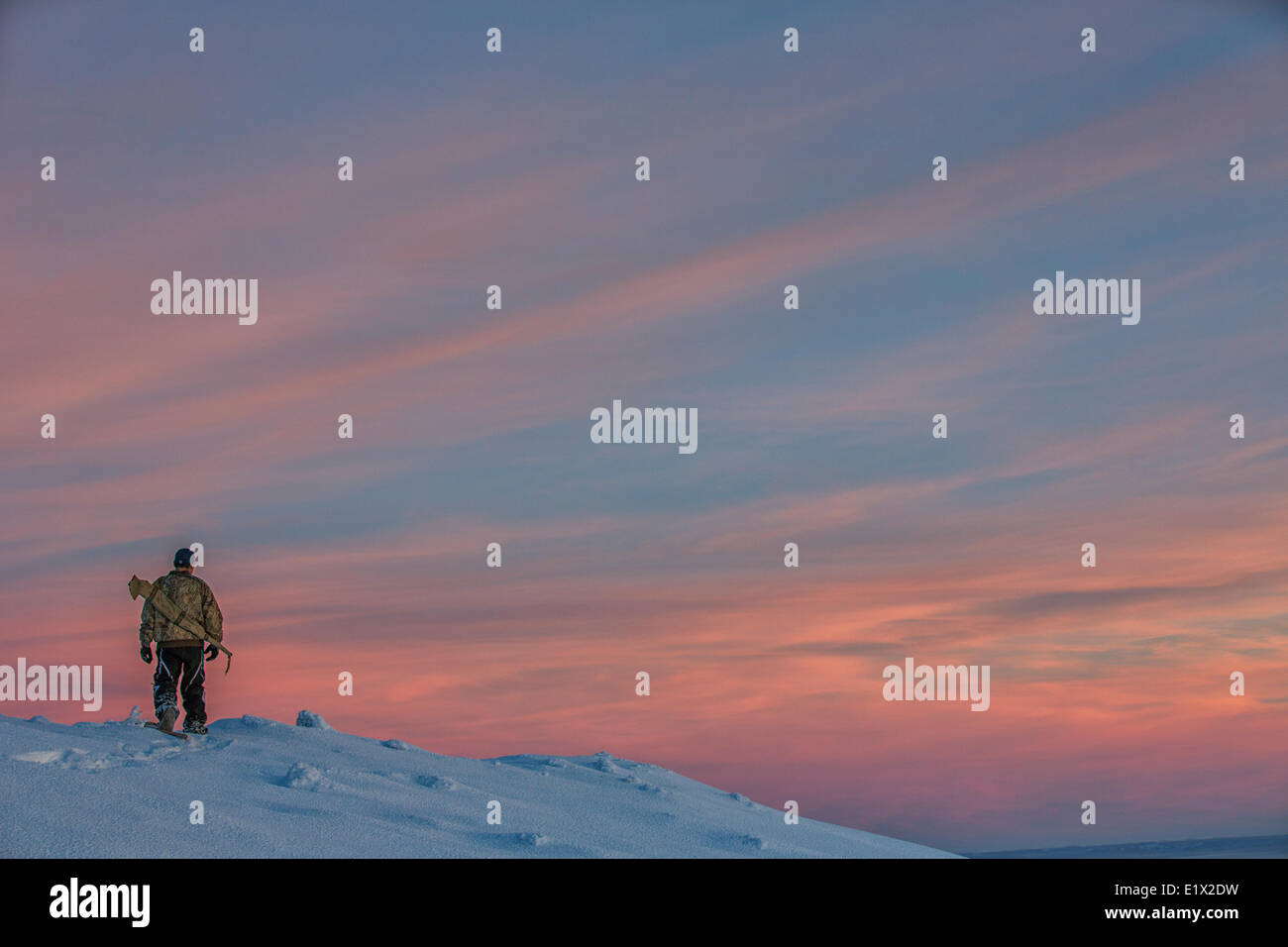 Homme marchant en raquettes au coucher du soleil sur le haut de Crow Mounatin, Old Crow, au Yukon. Banque D'Images