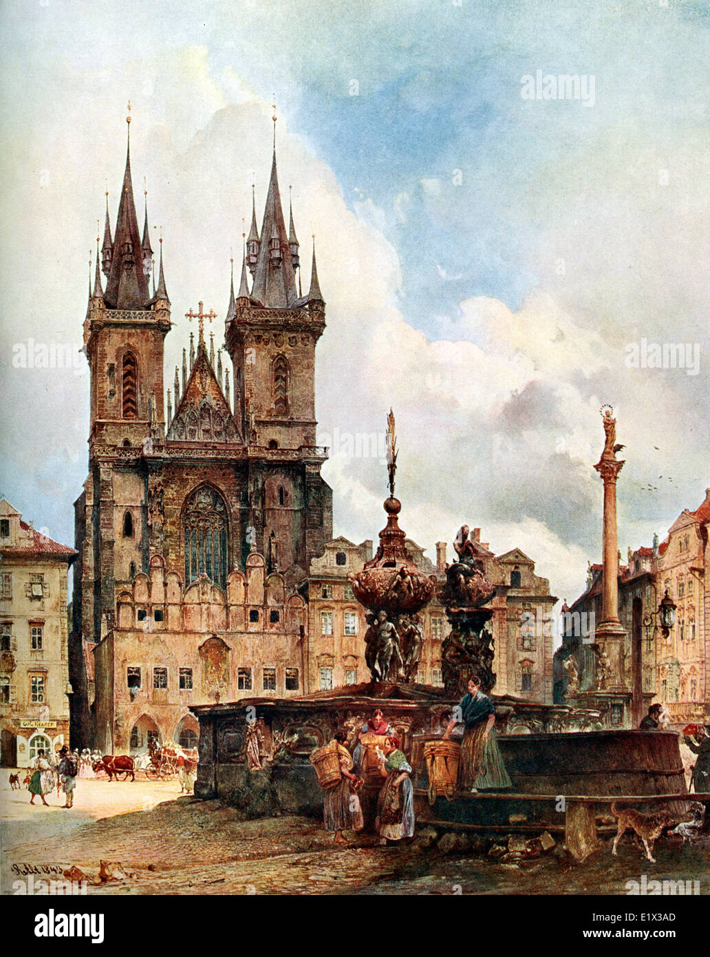 Staromestske Namesti et l'église Notre Dame Avant Tyn à Prague, vieux travaux de peinture d'art, lithographie, lithographie Banque D'Images