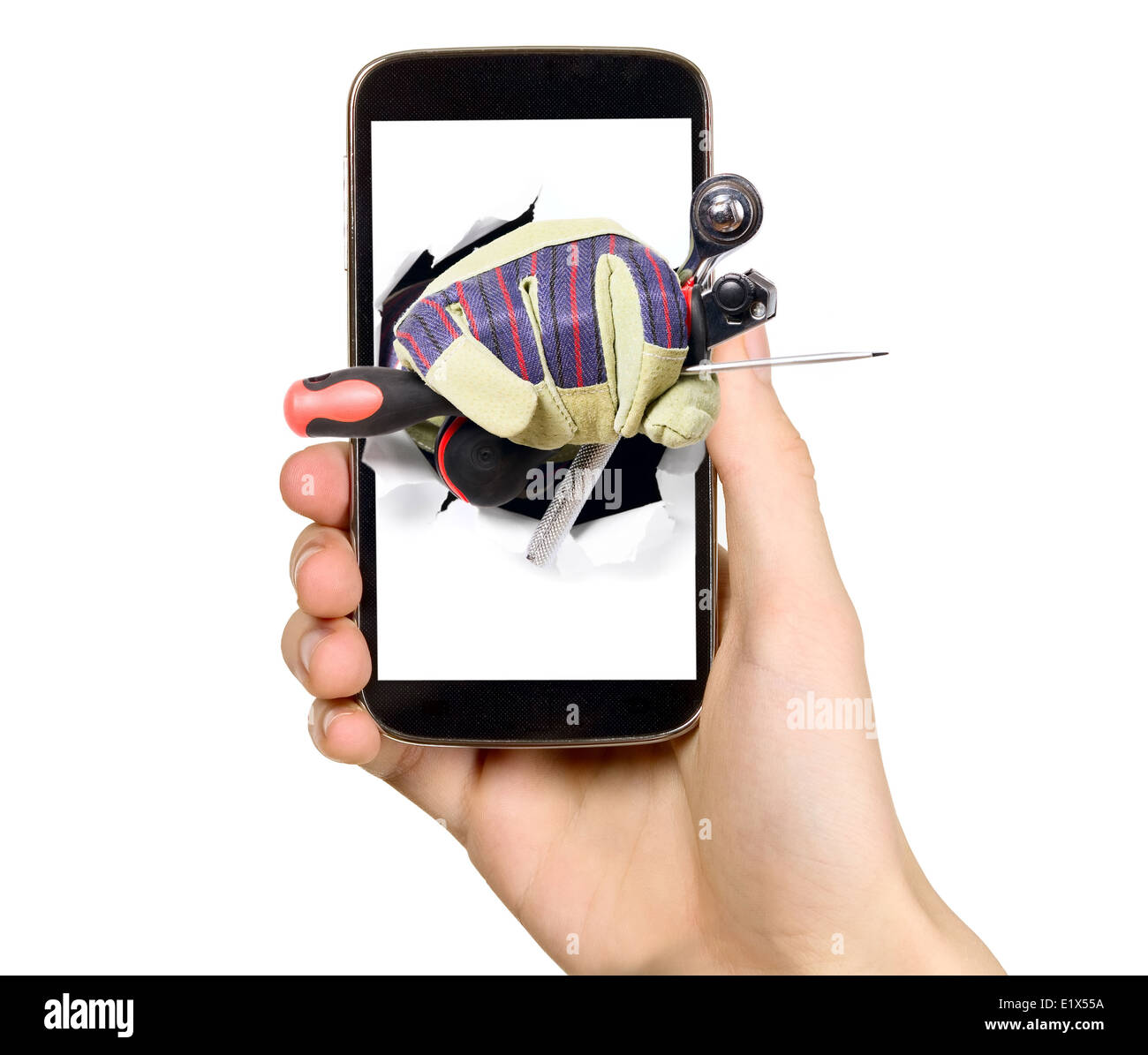 L'homme est maintenant smart mobile phone avec l'industrie à l'écran Outils Banque D'Images