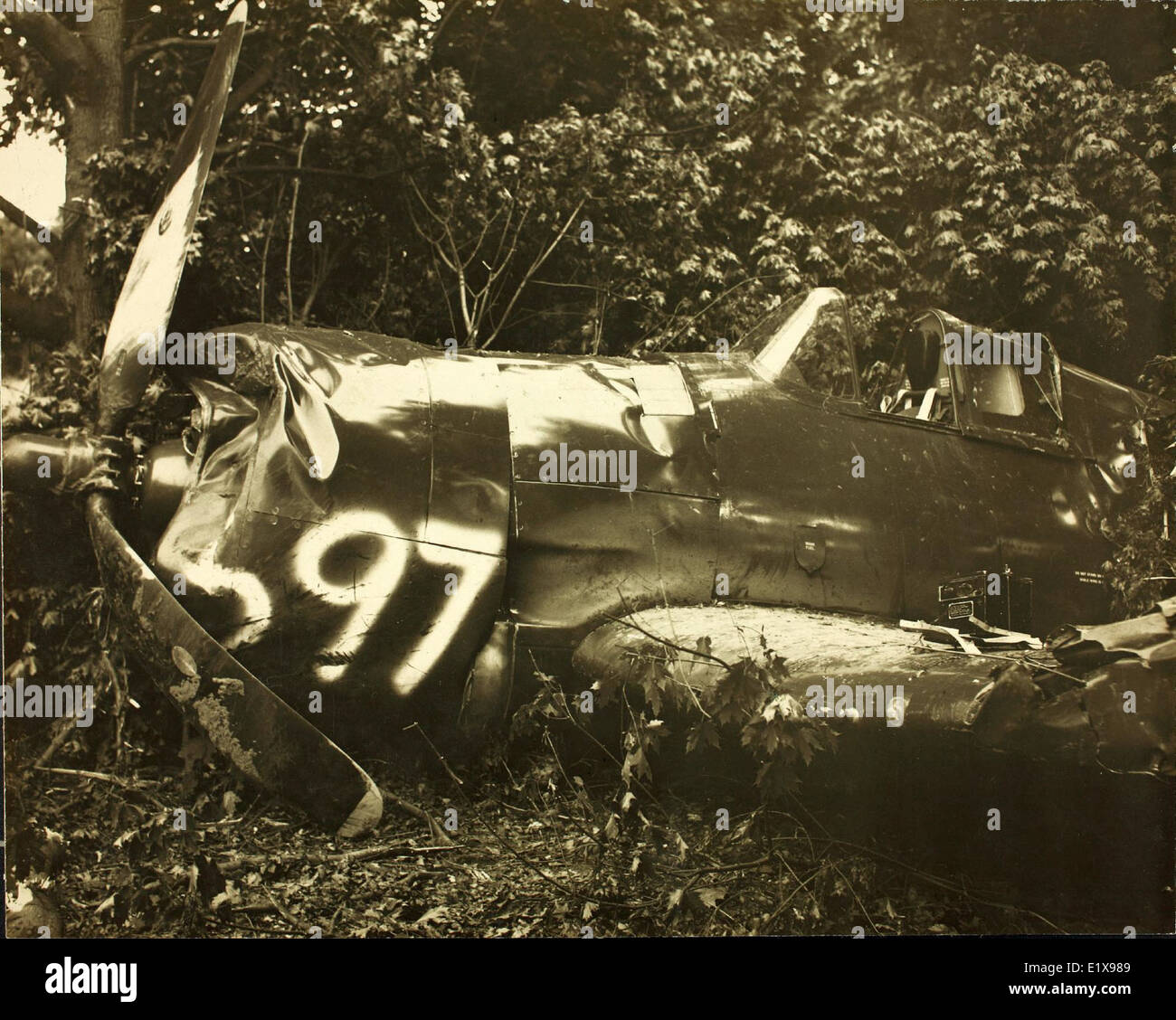 Le Grumman F6F Hellcat était un avion de chasse à porte-avions utilisé pendant la IIe Guerre mondiale. Cette image représente le F6F Hellcat impliqué dans un atterrissage accidenté, soulignant la conception robuste de l'avion et son importance dans les opérations navales pendant la guerre. Banque D'Images