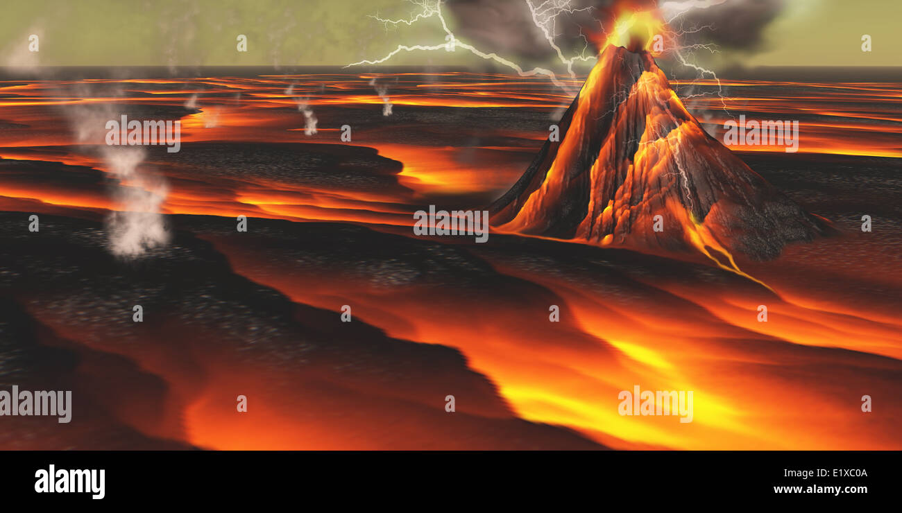 Cette planète a des éruptions continue ses volcans avec les champs de lave et de flux. Banque D'Images
