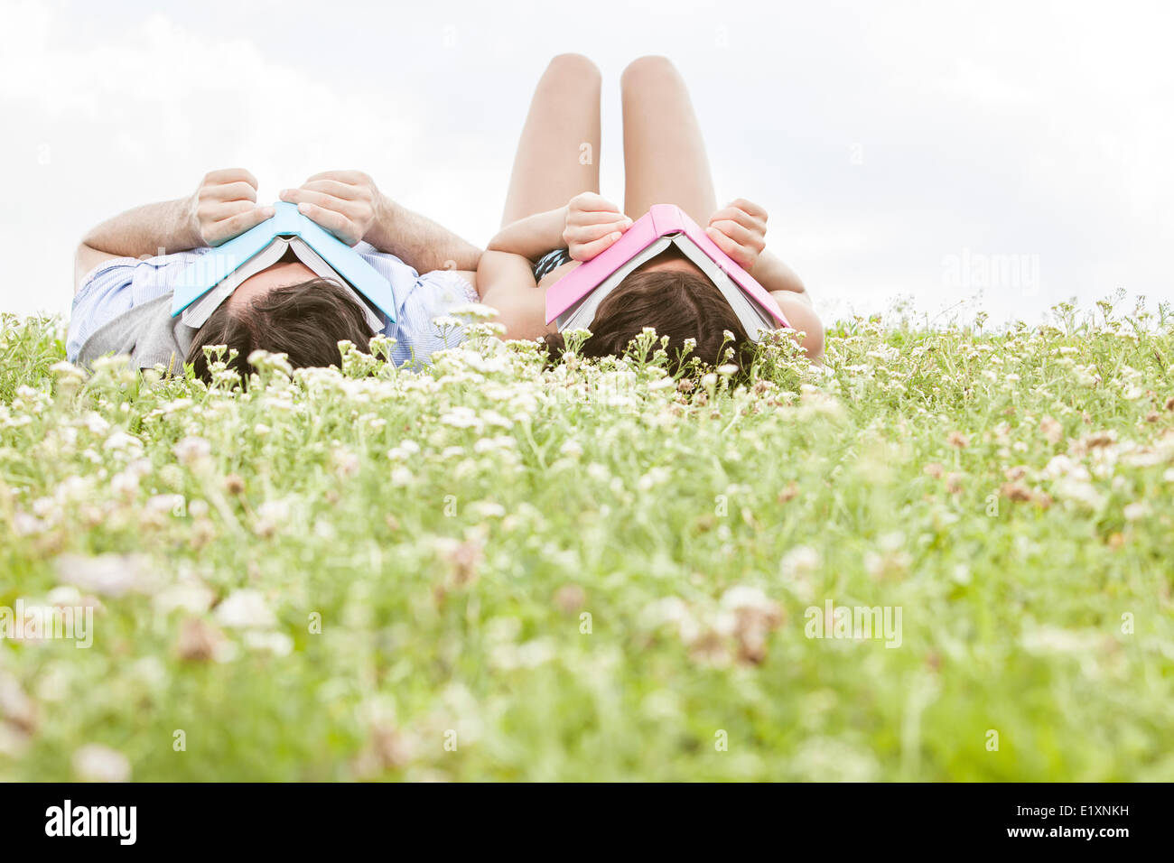 Jeune couple détendue couvrant visages avec livres en position couchée sur l'herbe Banque D'Images