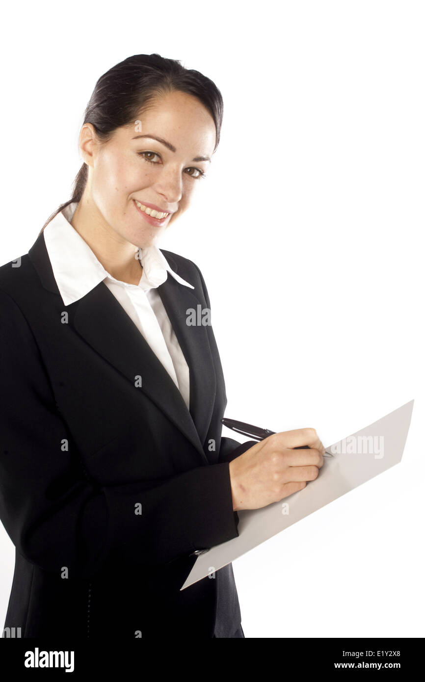 Woman holding a blank sign smiling Banque D'Images