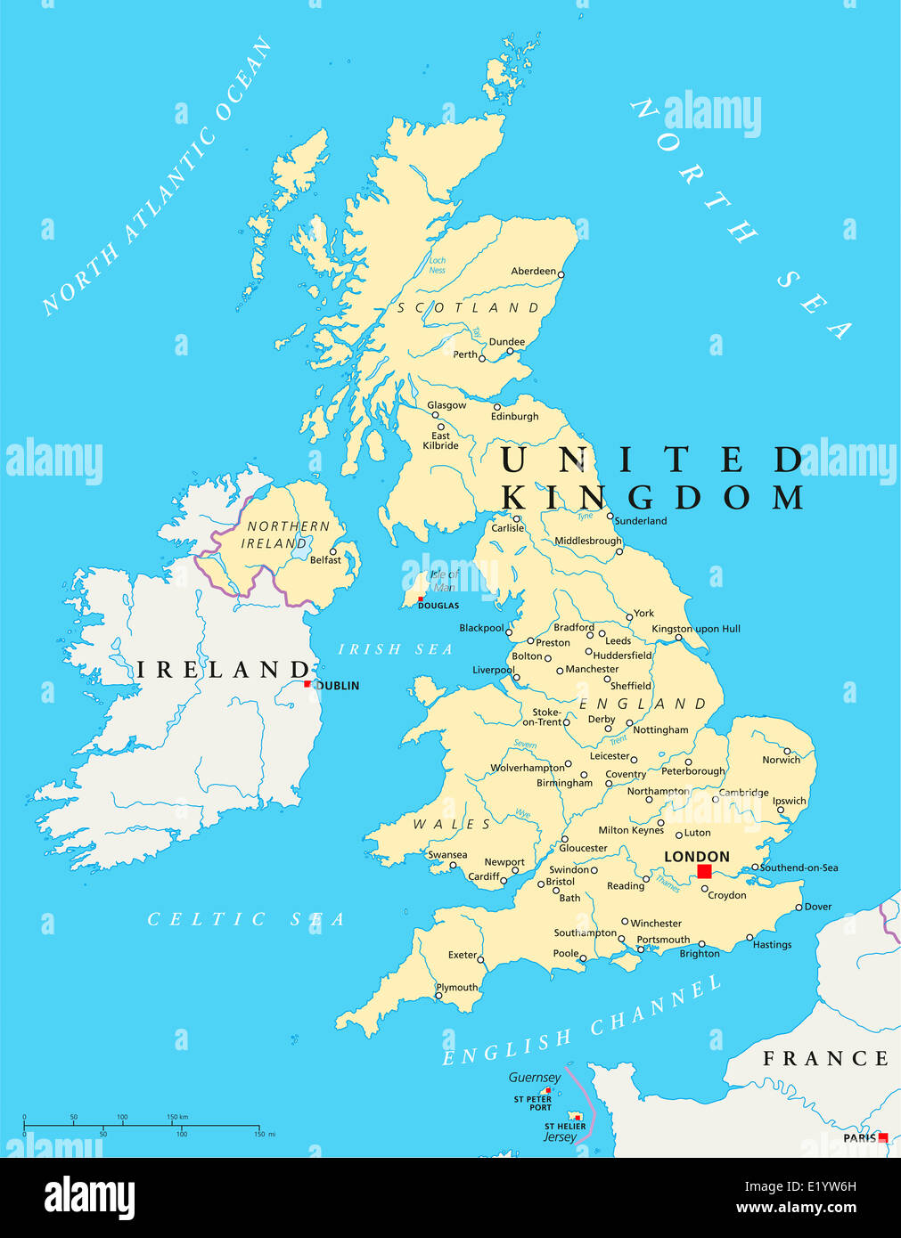 Carte politique du Royaume-Uni avec capital Londres, les frontières nationales, la plupart des grandes villes, rivières et lacs. L'étiquetage en anglais. Banque D'Images