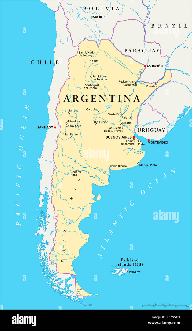 Carte Politique de l'Argentine avec Buenos Aires, capitale des frontières nationales, la plupart des grandes villes, rivières et lacs. L'étiquetage en anglais. Banque D'Images