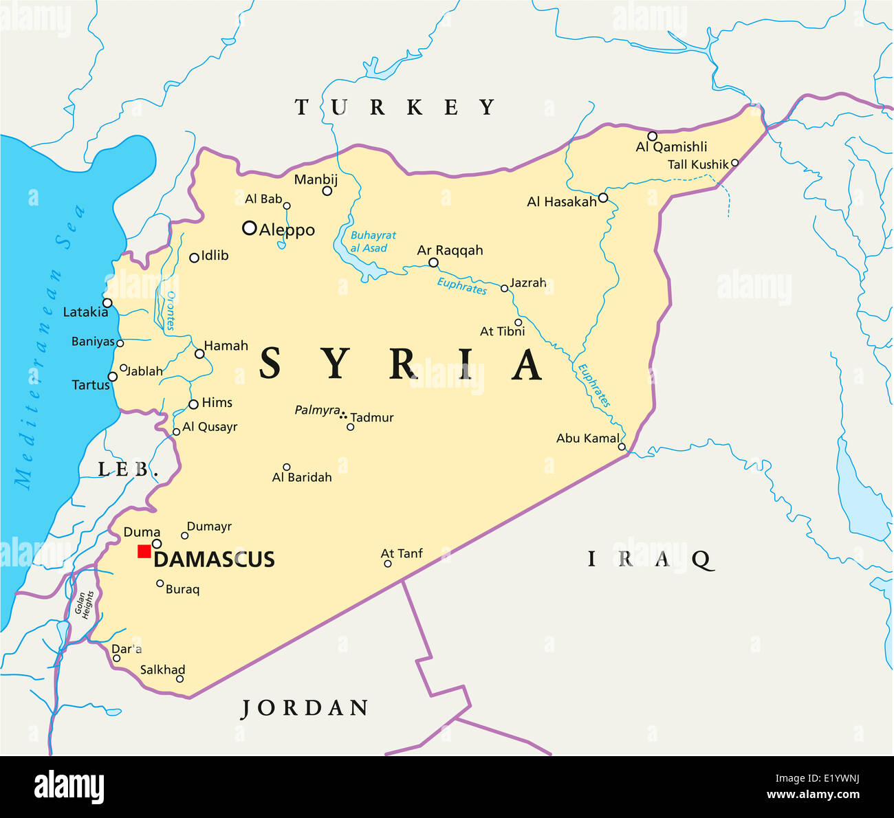 Carte Politique de la Syrie - Carte politique de la Syrie avec la capitale Damas, les frontières nationales, la plupart des grandes villes, rivières et lacs. Banque D'Images