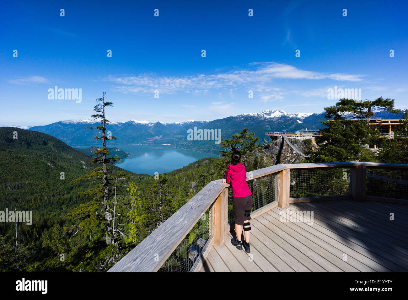 Spirit of plate-forme panoramique, vue sur Howe Sound fjord. Gondole Sea to Sky, Squamish, British Columbia, Canada. Banque D'Images