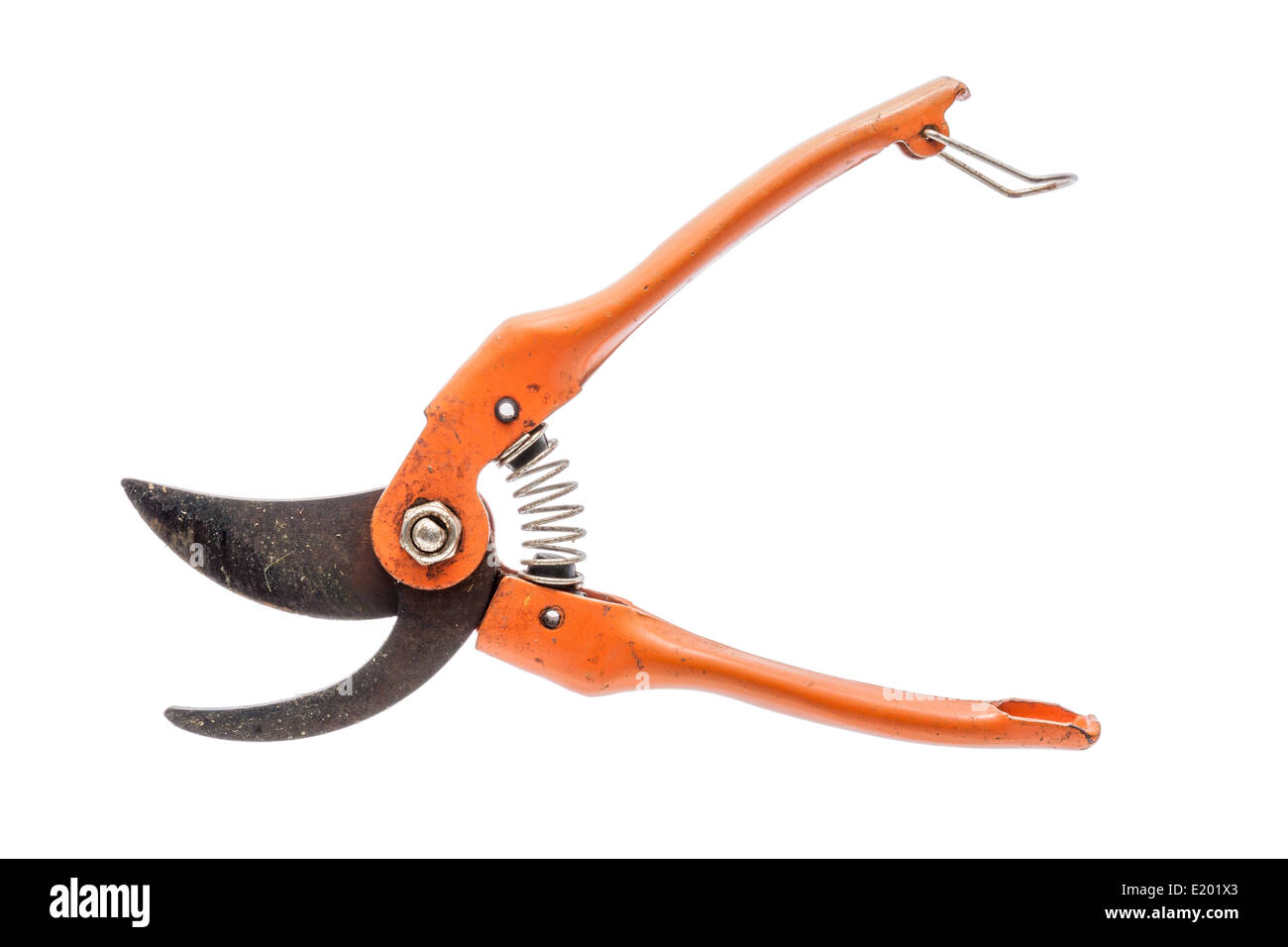Ancien sécateur orange isolé sur blanc. Banque D'Images