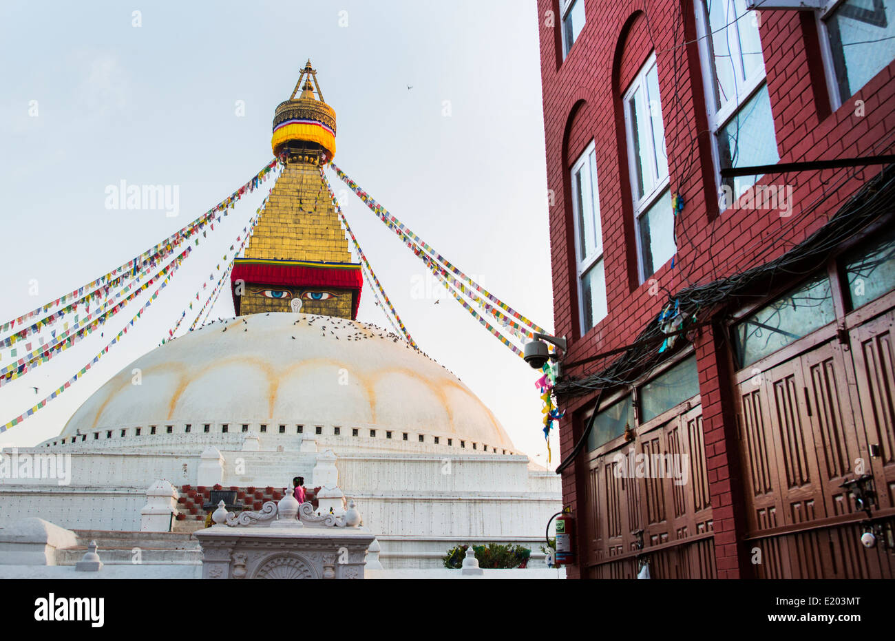 Le Népal Katmandou Stupa Boudhanath au célèbre temple religieux bâtiment moderne avec en premier plan Banque D'Images