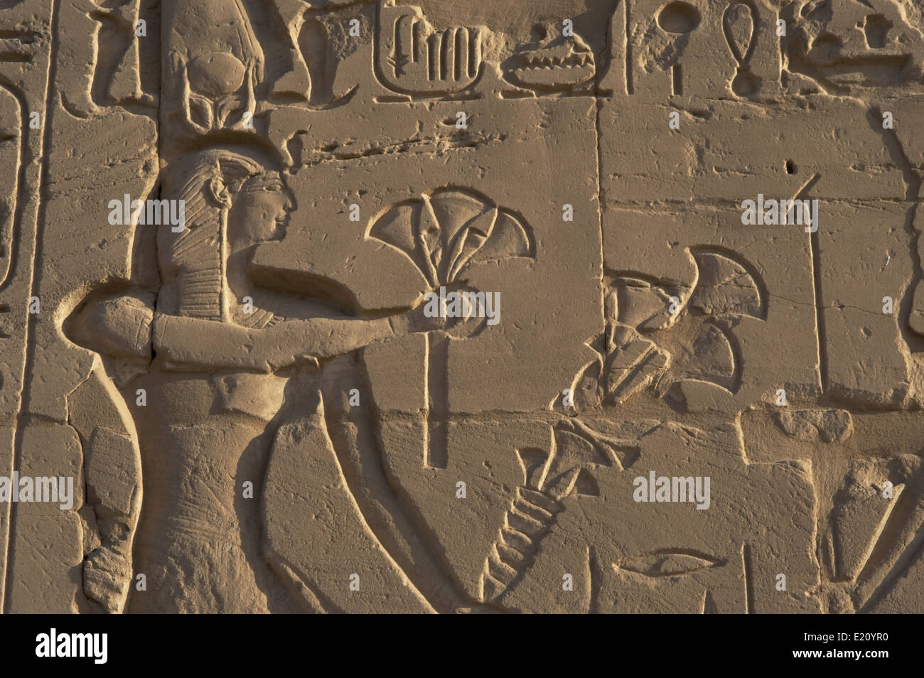L'art égyptien le complexe du temple de Karnak.Un Pharaon faisant une offrande de fleurs de papyrus aux dieux. Banque D'Images