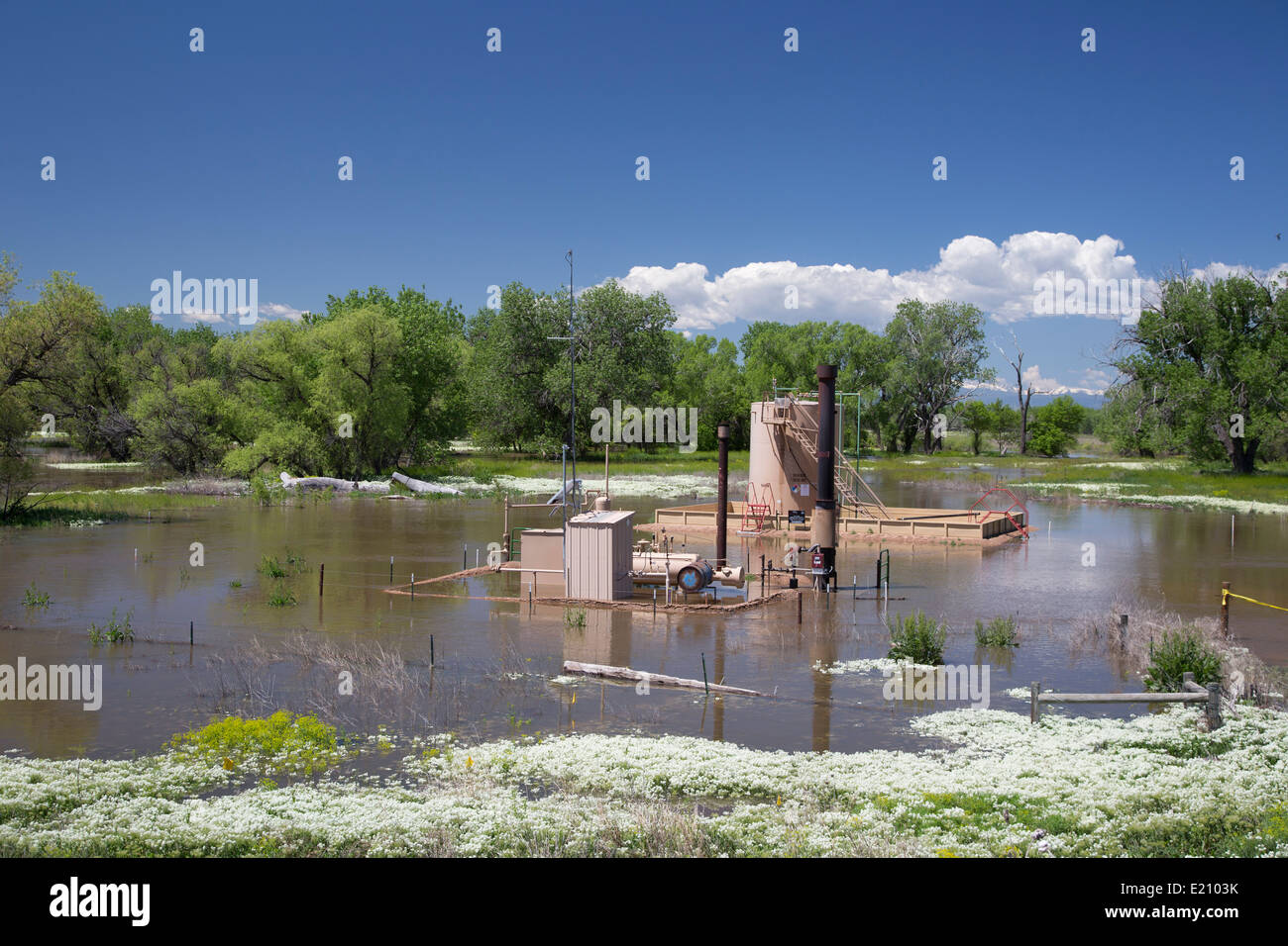 Greeley, Colorado - Un puits de pétrole inondés par la cache la poudre River après de fortes pluies. Banque D'Images