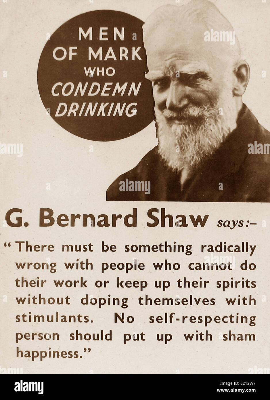 Message de tempérance George Bernard Shaw début des années 1900 Banque D'Images