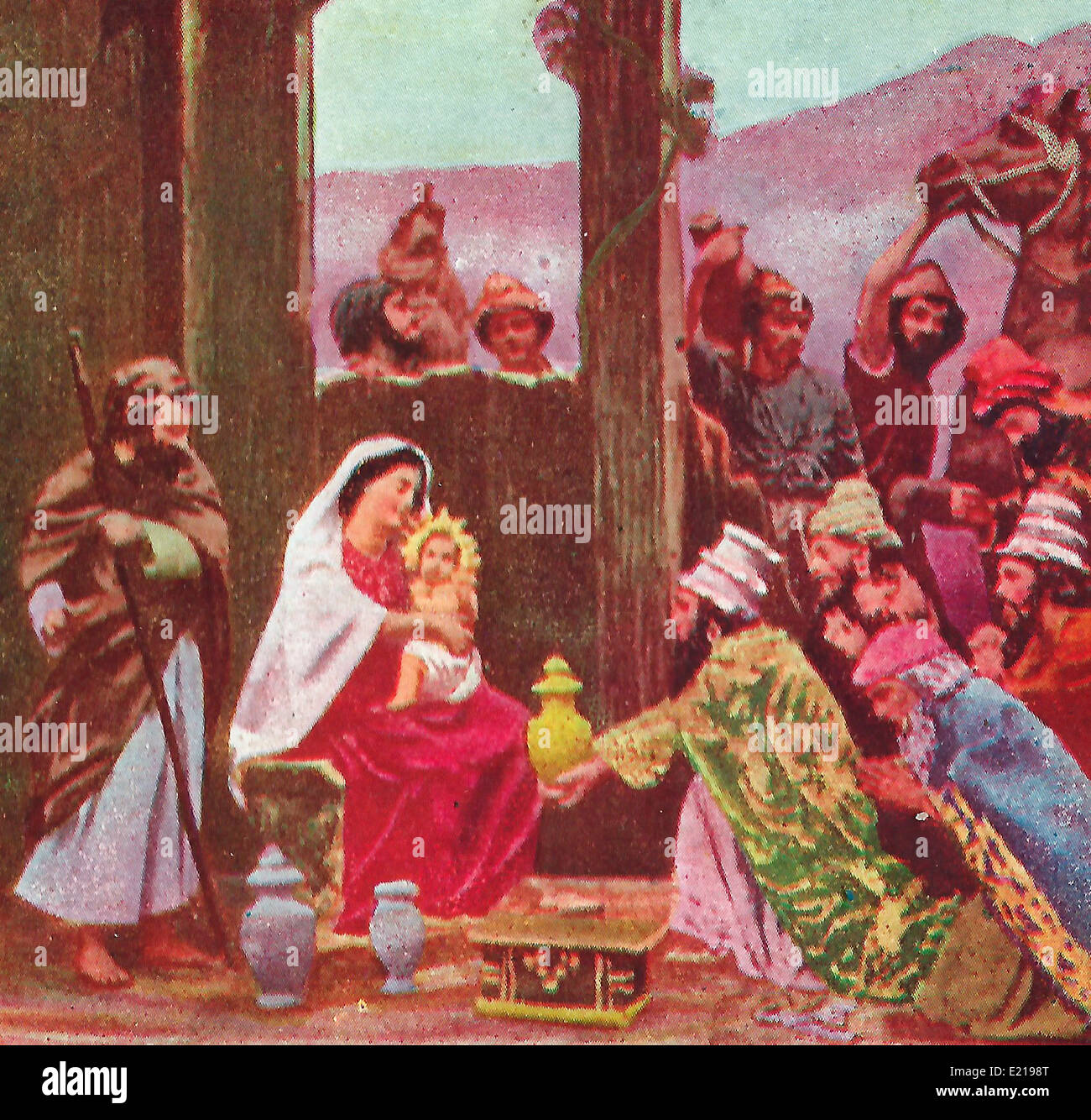 Adoration des Mages - le cadeau des Rois mages - Trois Sages présentant des cadeaux à l'enfant Jésus Banque D'Images