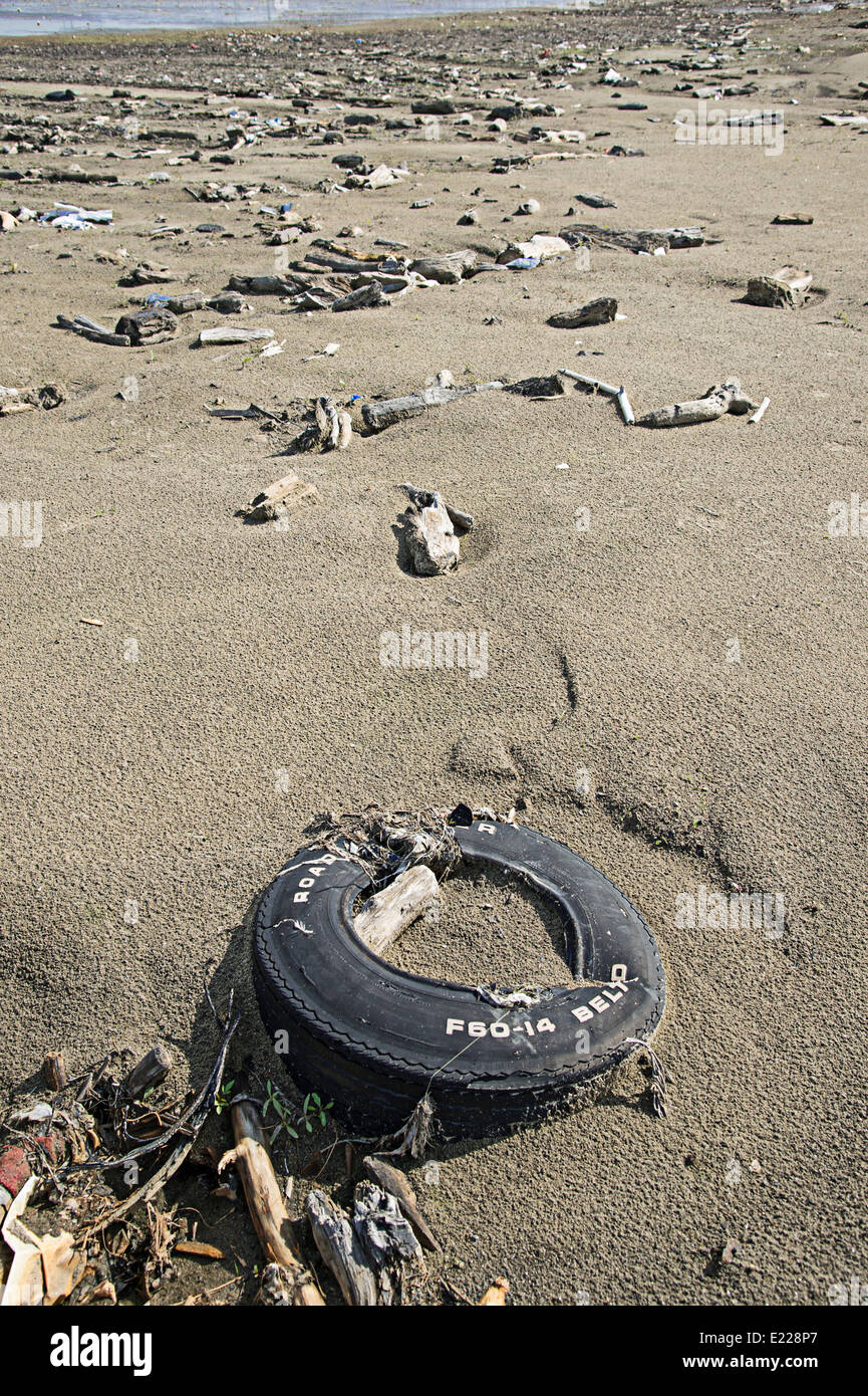 La litière de la pollution sur la plage de la corbeille Banque D'Images