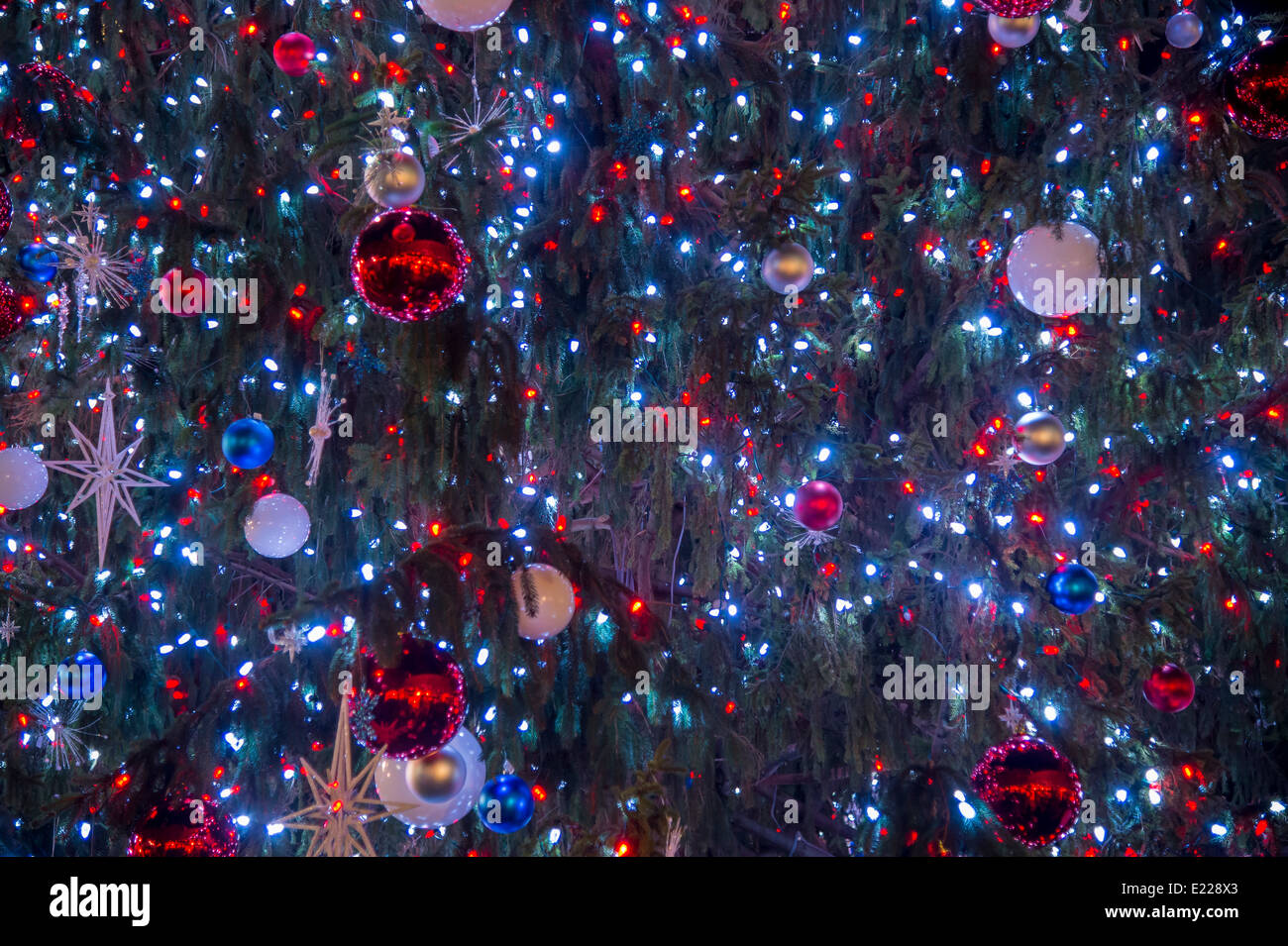 Arbre de Noël avec des lumières bleues Détail Banque D'Images