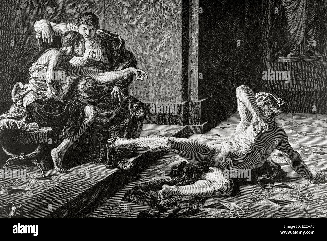 Locusta. Dans l'ancienne Rome, célèbre pour son habileté à concocter des poisons. Nero et Locusta. Gravure par Duviviso. 19e siècle. Banque D'Images