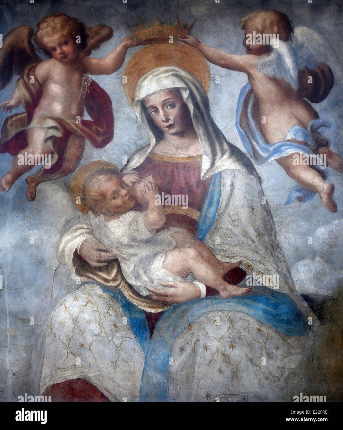 Sainte Vierge Marie avec l'enfant Jésus, la peinture murale de la rue, Parme, Italie Banque D'Images