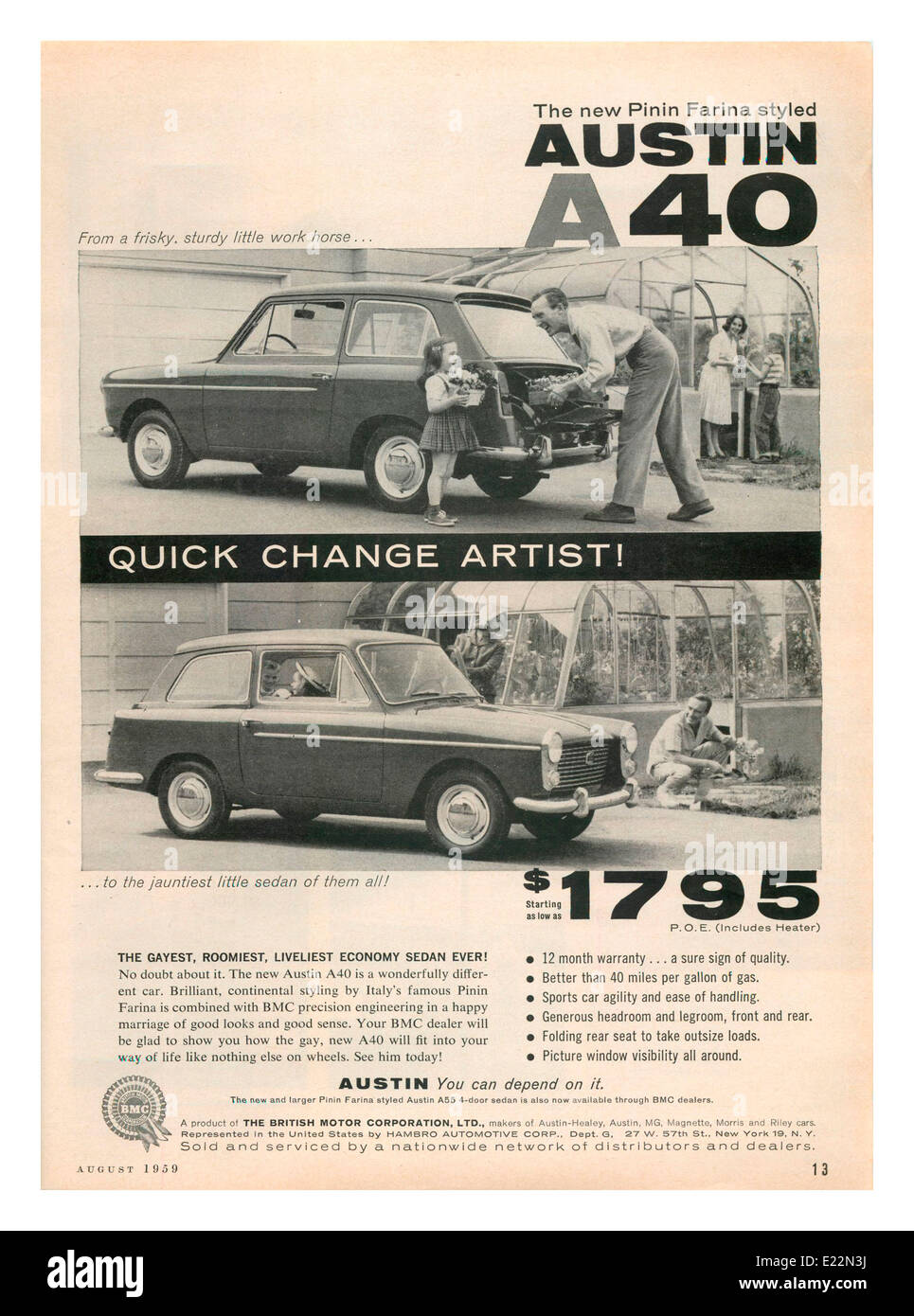 1959 Annonce de journal pour Pina Farina styled BMC Austin A40 motor car en vente aux USA pour $1795 Banque D'Images
