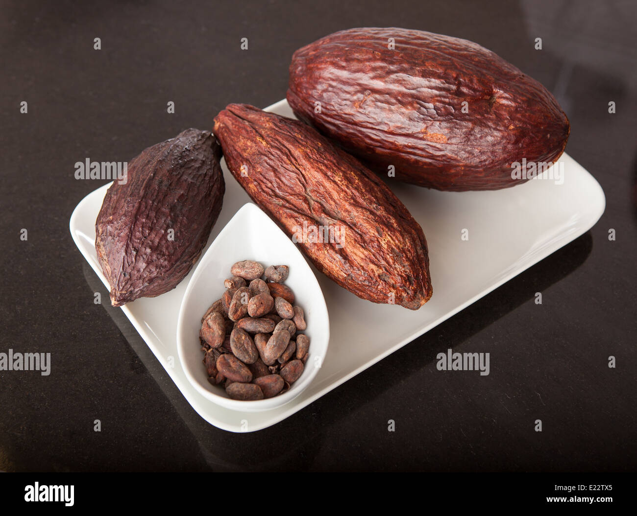 Fèves de cacao dans un bol à côté de cabosses de cacao dont ils proviennent. Banque D'Images