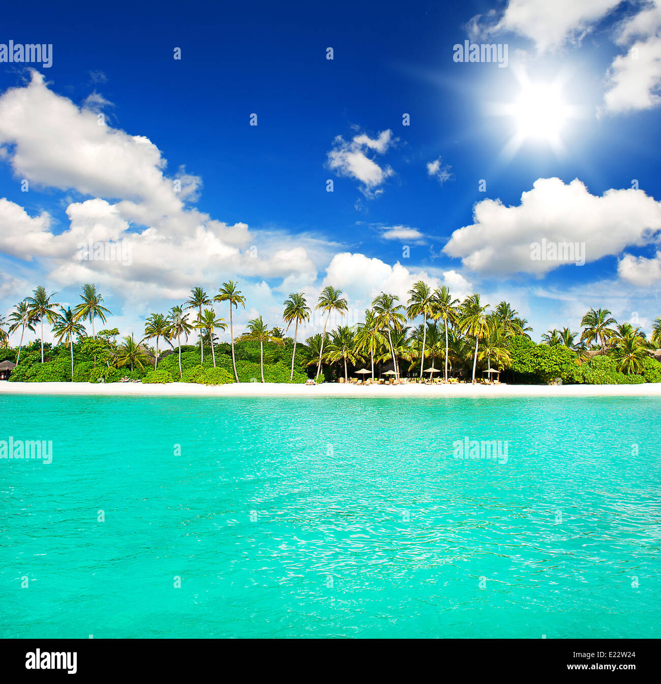 Plage de l'île tropicale. Paysage avec palmiers vert et ciel bleu ensoleillé Banque D'Images