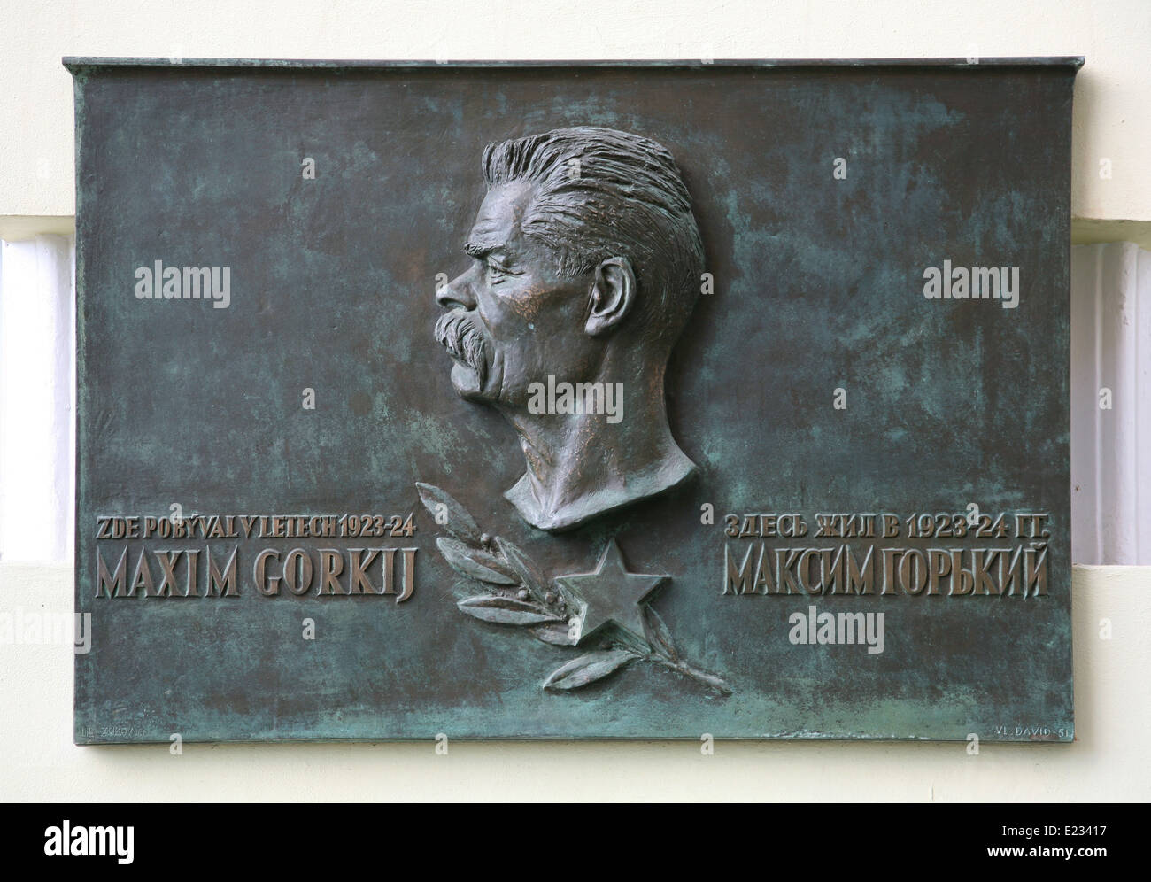 Plaque commémorative sur la maison où l'écrivain soviétique et russe Maxime Gorki vit en exil à Marianske Lazne, République tchèque. Banque D'Images