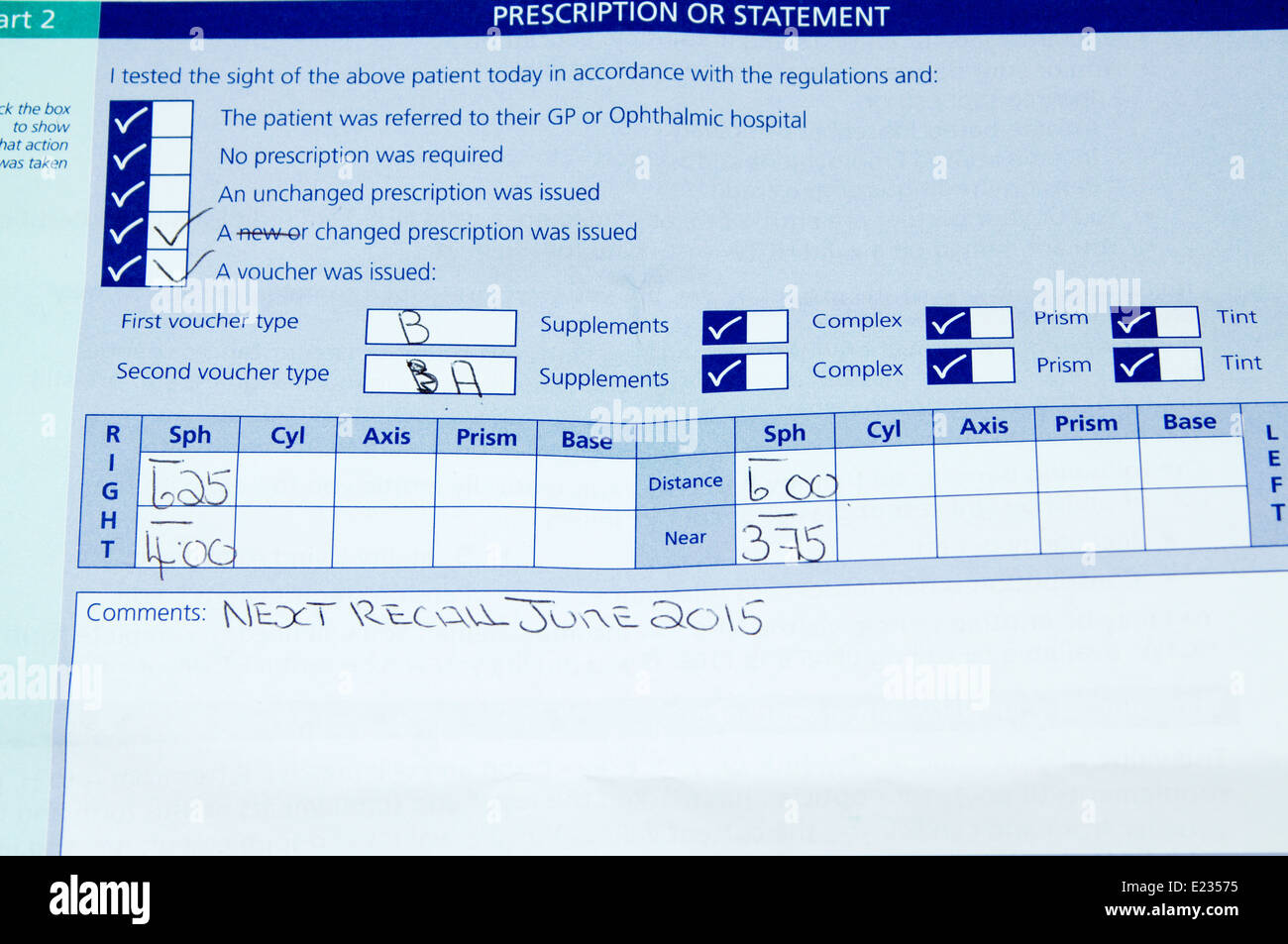 Formulaire d'ordonnance de l'œil Banque D'Images