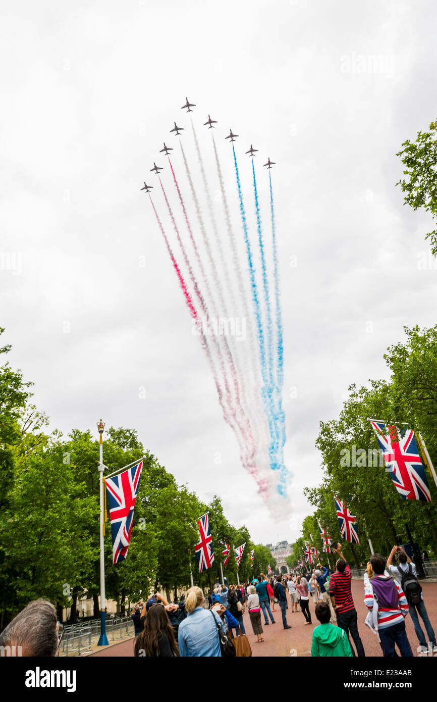 Londres, Royaume-Uni, le 14 juin, 2014. Les citoyens de célébrer l'anniversaire de la reine Elizabeth II à la parade la couleur et un défilé aérien de la RAF sur le palais de Buckingham. Credit : Alick Cotterill/Alamy Live News Banque D'Images