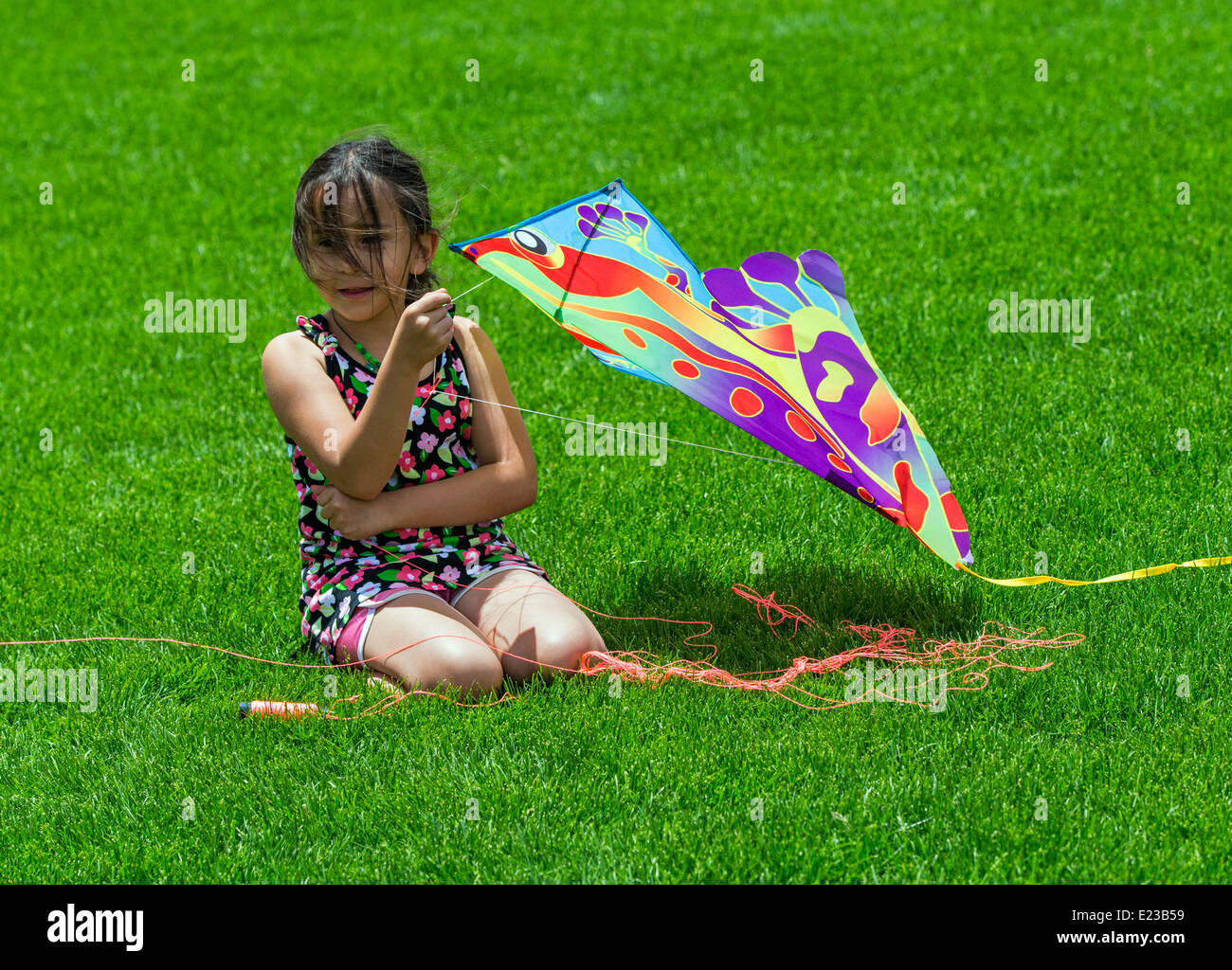 Young woman flying a kite sur les champs Banque D'Images
