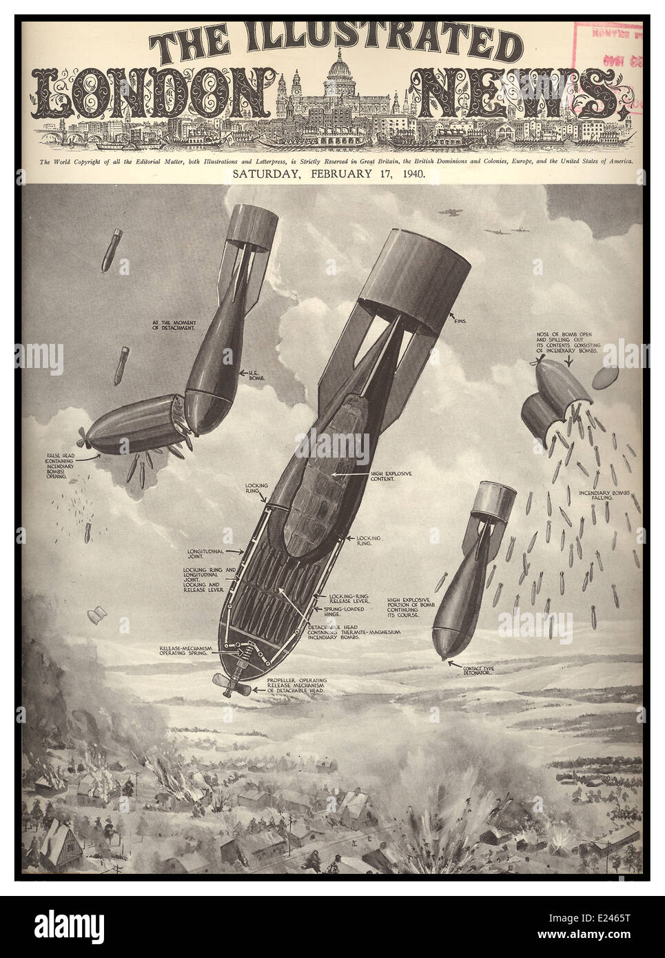 BLITZ SUR LONDRES NEWS 17 février 1940 bombes de couverture du Illustrated London News montrant le fonctionnement interne des bombes allemandes pleuvent sur Londres Banque D'Images