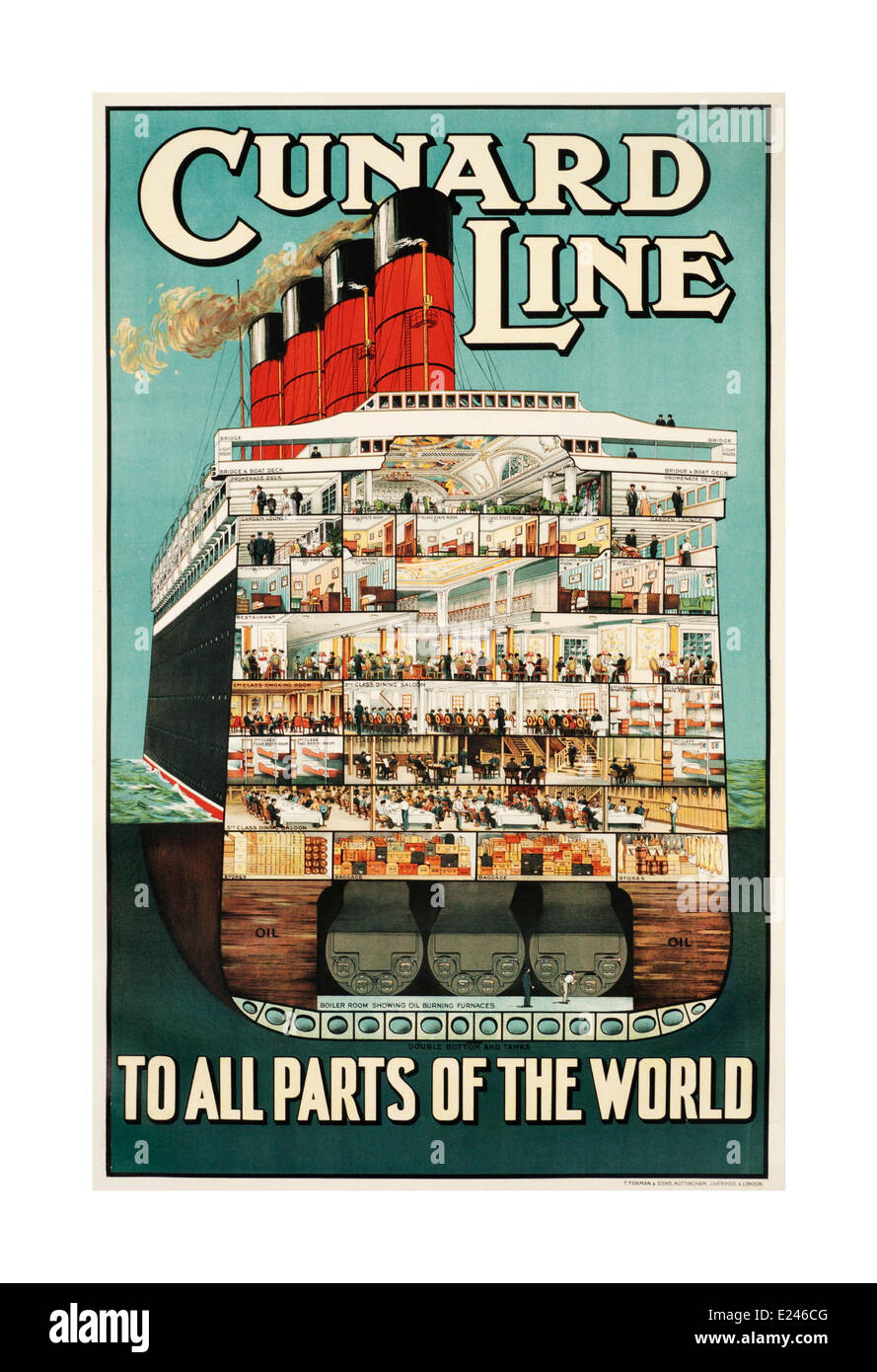« Cunard LINE to all parties of the World », affiche du bateau de croisière d'époque des années 1930 pour Cunard Line montrant la coupe transversale interne d'un bateau de croisière de luxe Banque D'Images